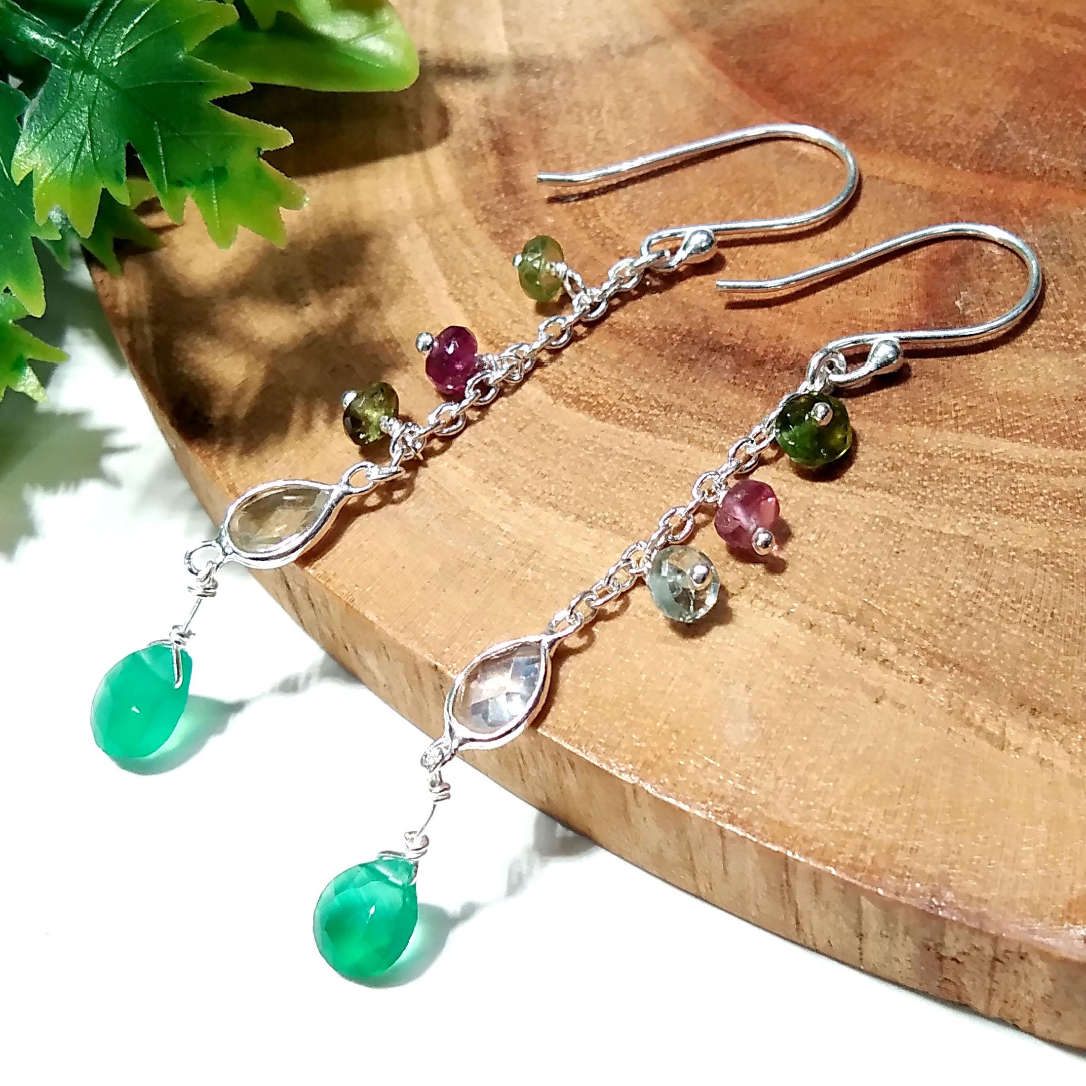 Natural Multi Tourmaline And Green Onyx Gemstone Earrings, 925 Sterling Silver Earring Handmade Making Jewelry Earring, For Girls & Women.
