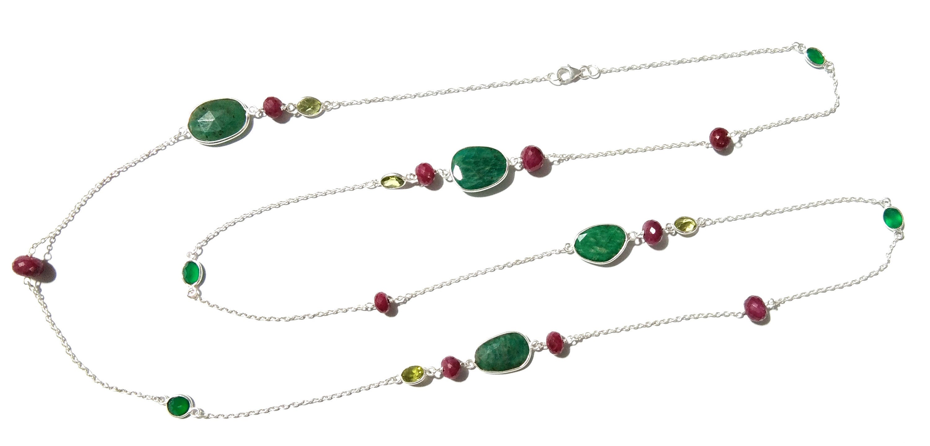 Log Chain Necklace Ruby Amazonite Peridot Green Onyx Stone Bezel & Beaded Necklace Chain 925 Starling Silver Necklace Chain 40 inche Chaine