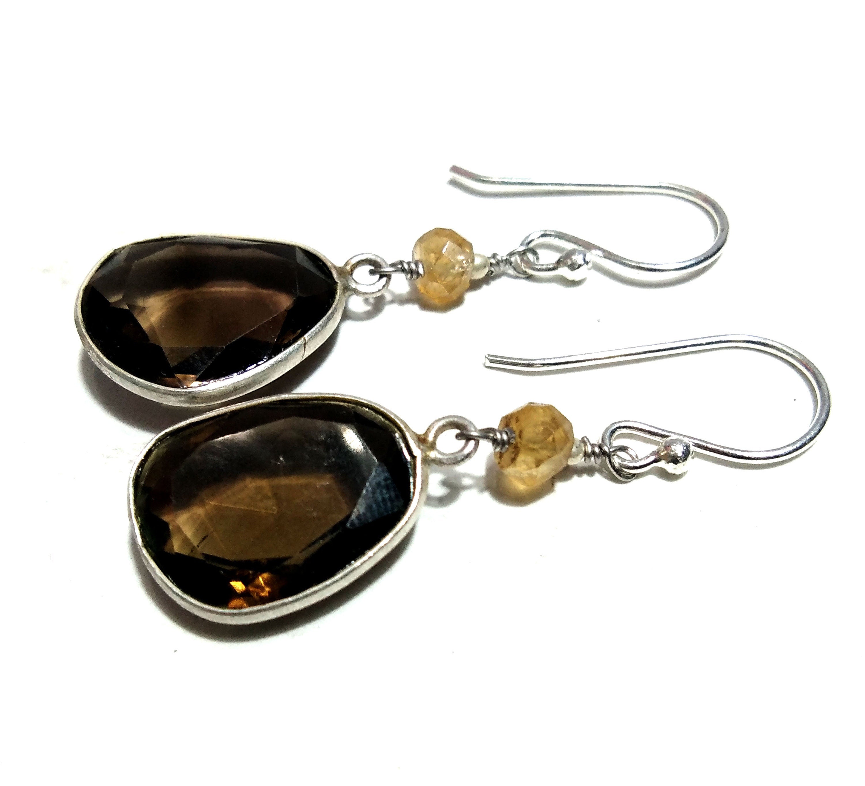 Natural Gemstone Smoky Quartz & Citrine Earrings, 925 Sterling Silver Earring, Handmade Making Bezel Earring, For Girls/Women Gift Jewelry