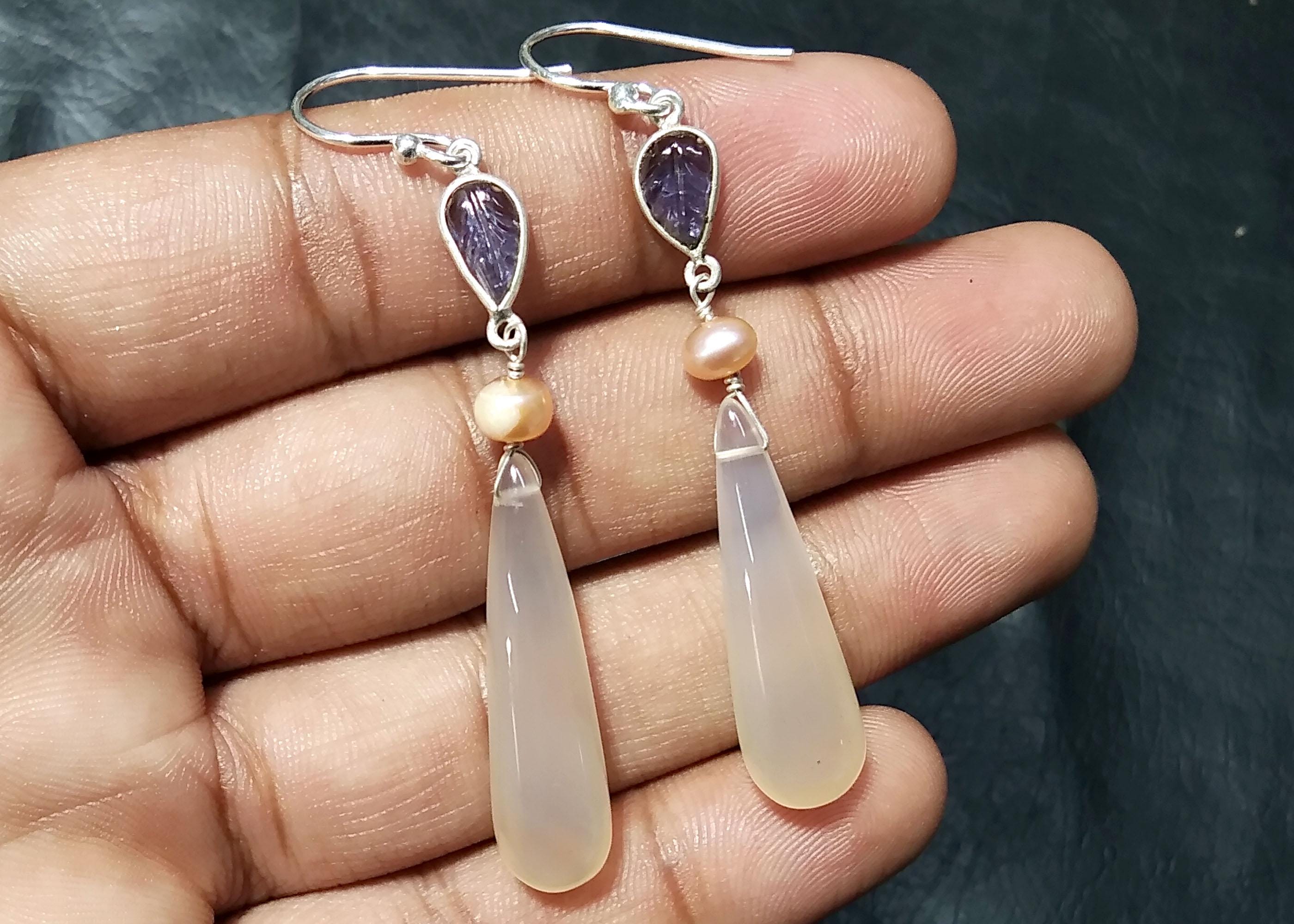 Natural Chalcedony/Iolite Carving & Pearl Gemstone Earring, 925 Starling Silver Earring Handmade Silver Jewelry Stone Earring Gift Birthday