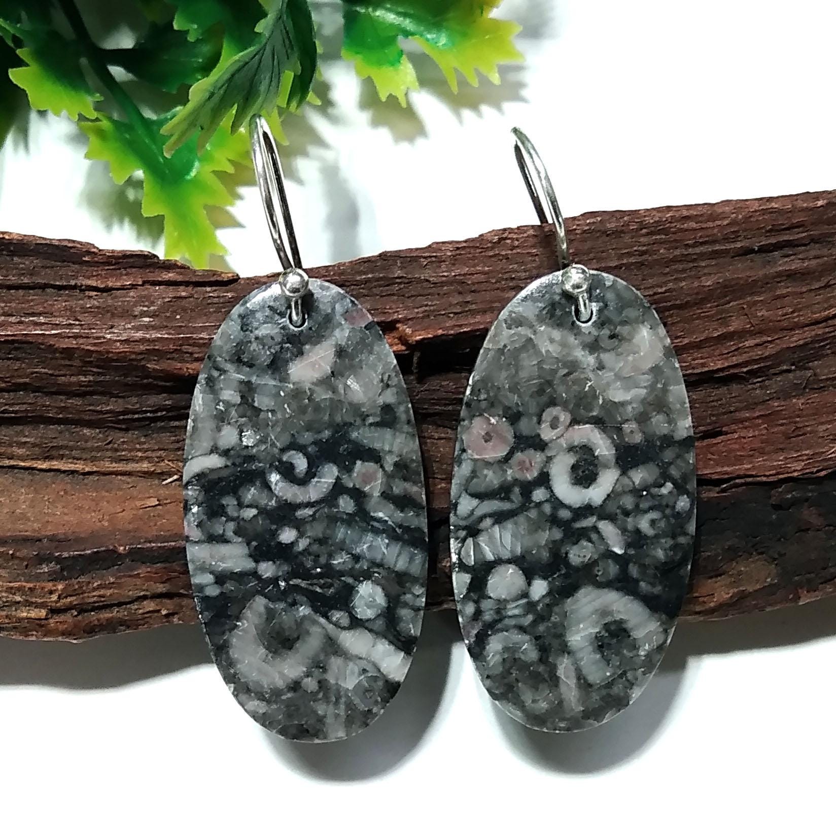 Natural Crinoid Fossil Gemstone Earring, 925 Sterling Silver Earring, Very Beautiful Crinoid Fossil Stone Earring, For Girls & Women Earring