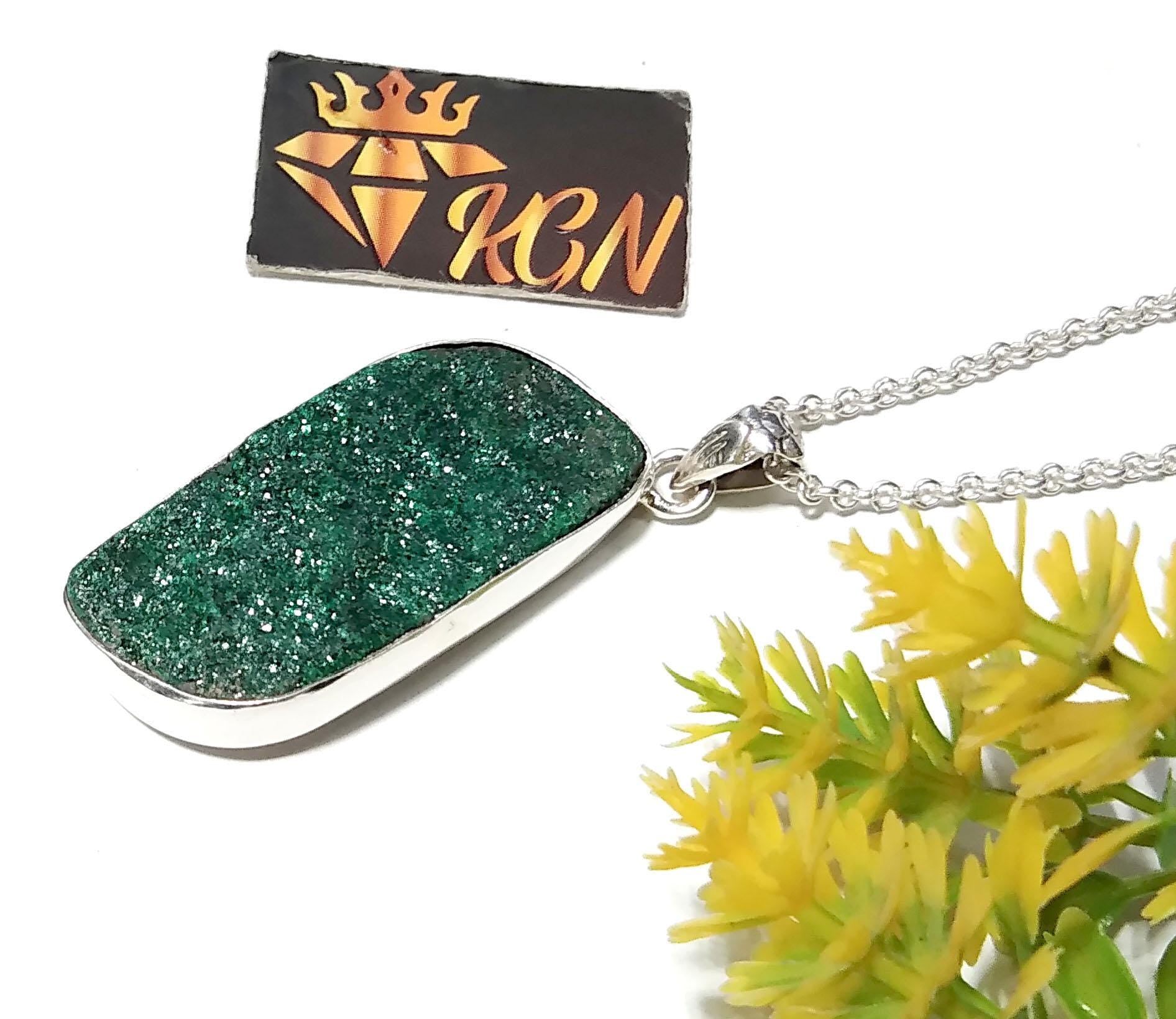 Natural Malachite Druzy Gemstone Pendant, 925 Starling Silver Jewelry Pendant, Amazing Malachite Druzy Pendant, Handamde Chain Necklace