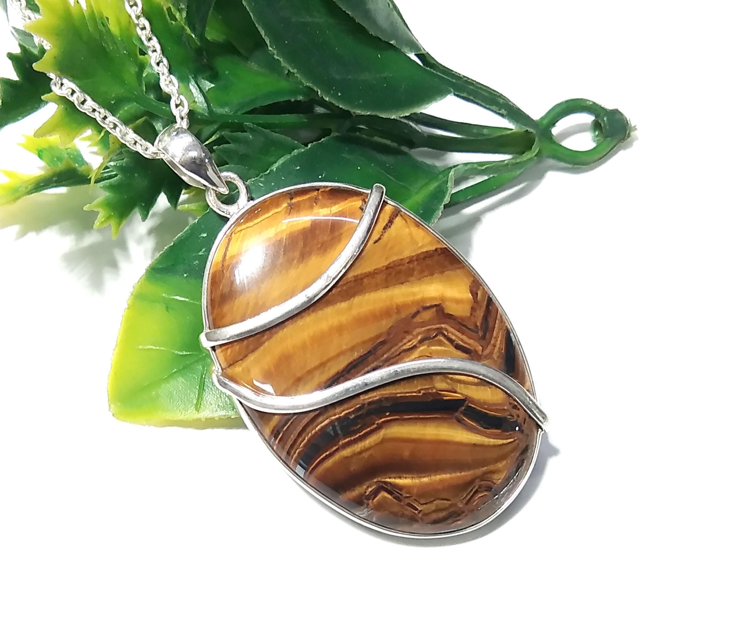 Natural Tiger Eye Gemstone Pendant, 925 Starling Silver Jewellery, Beautiful Nice Yellow Tiger Eye  Pendant Chain Necklace Wedding Gift Etc.