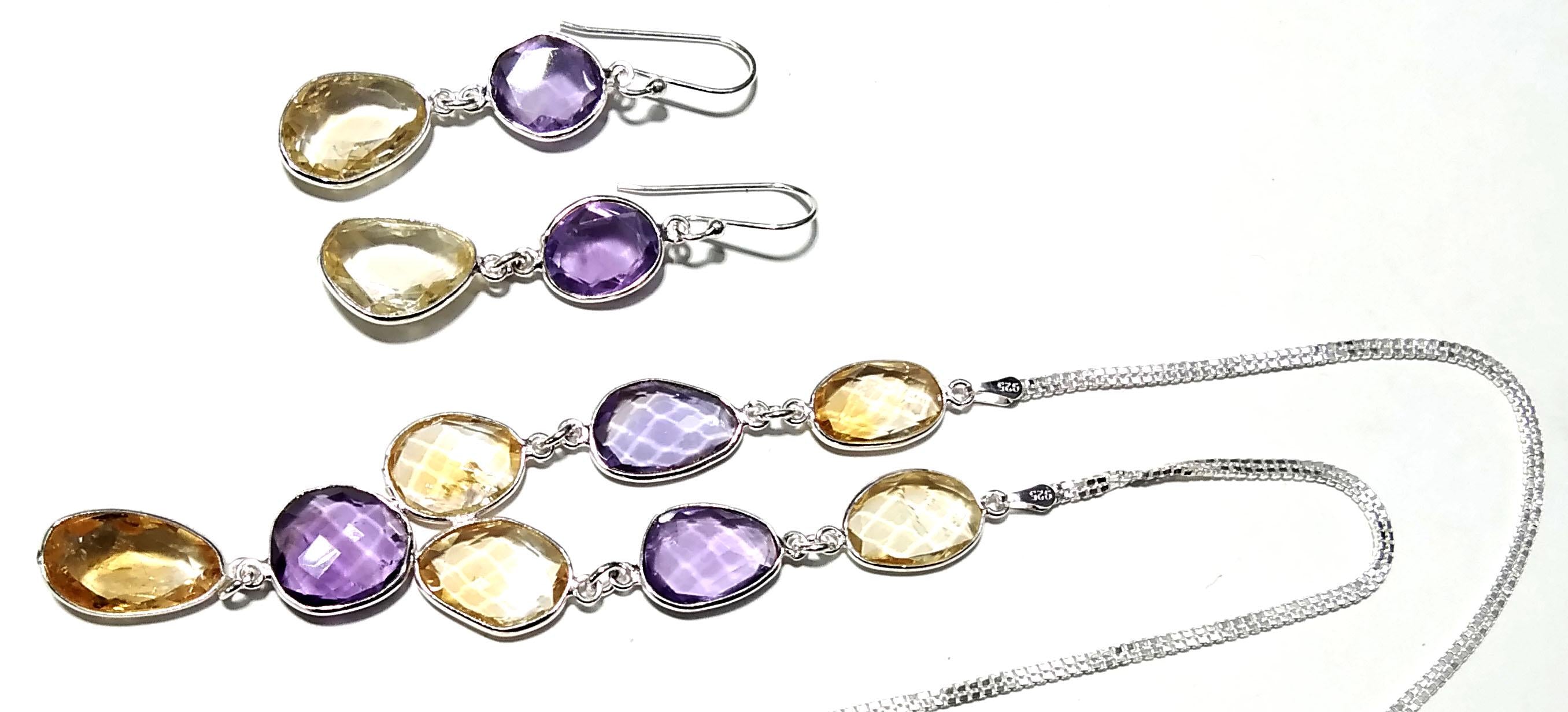 Natural Amethyst/Citrine Necklace Earring Jewelry Set, 925 Solid Sterling Silver Chain Necklace Earring Jewelry Gift For Girls & Women