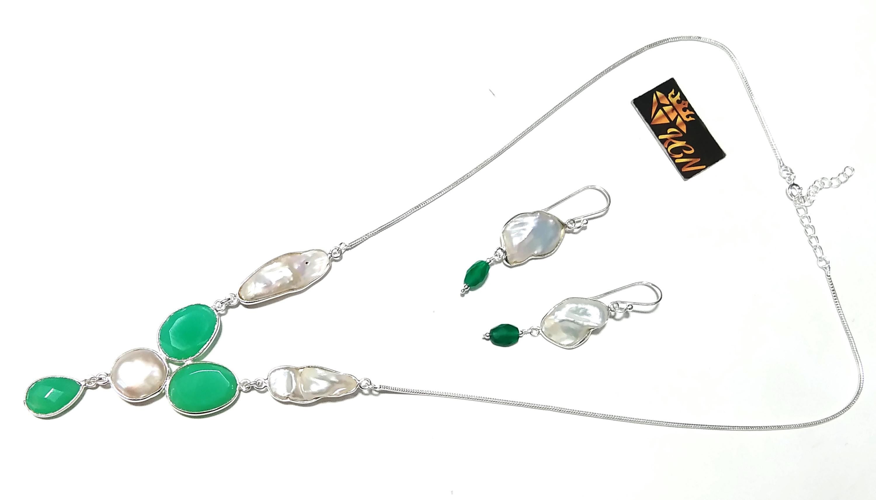 Natural Fresh Water Pearl/Chrysoprase Stone Necklace Earring Jewelry Set, 925 Sterling Silver Necklace Jewelry, Necklace Set For Women