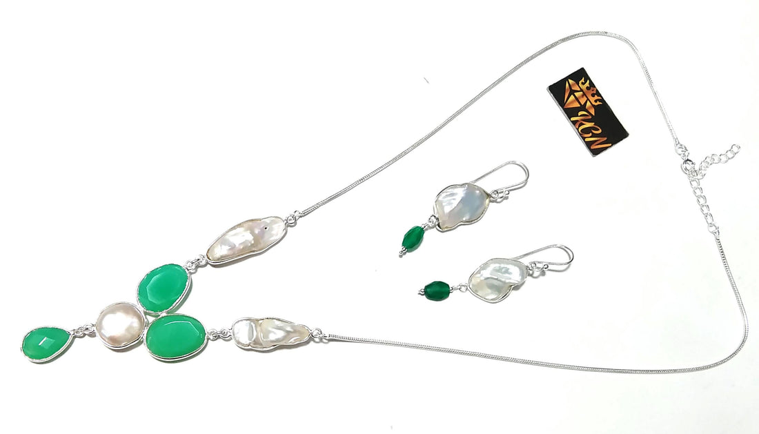 Natural Fresh Water Pearl/Chrysoprase Stone Necklace Earring Jewelry Set, 925 Sterling Silver Necklace Jewelry, Necklace Set For Women