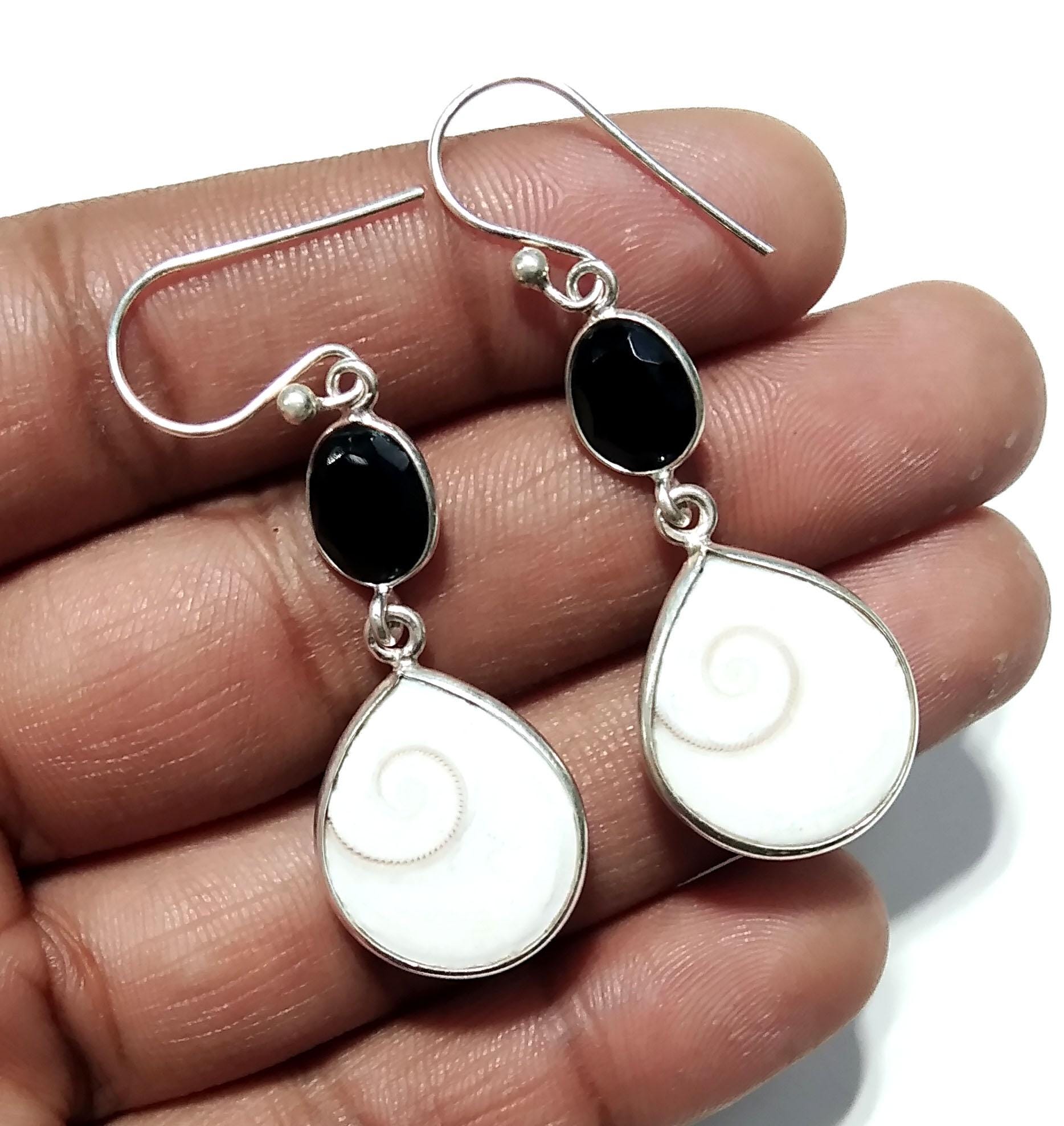 Natural Black Onyx/Shiva Eye Shell Stone Earring, 925 Starling Silver Earring, Beautiful Shiva Eye Shell Stone Size 17x15mm Gift Earring