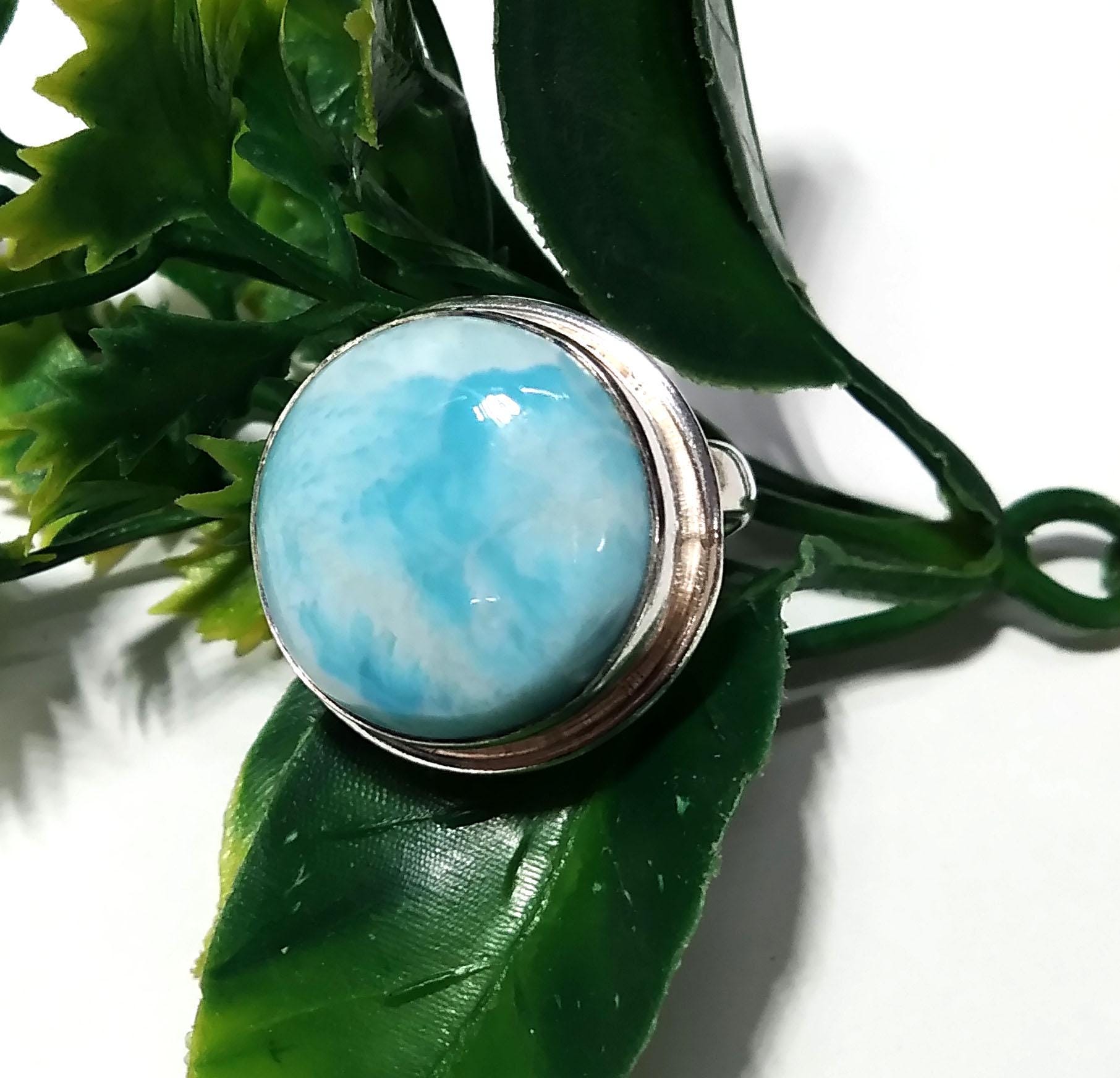 Natural Larimar Gemstone Ring, 925 Solid Starling Silver Ring Jewelry, Round Shape Stone Size 18x18 mm Handmade Silver Jewelry Ring