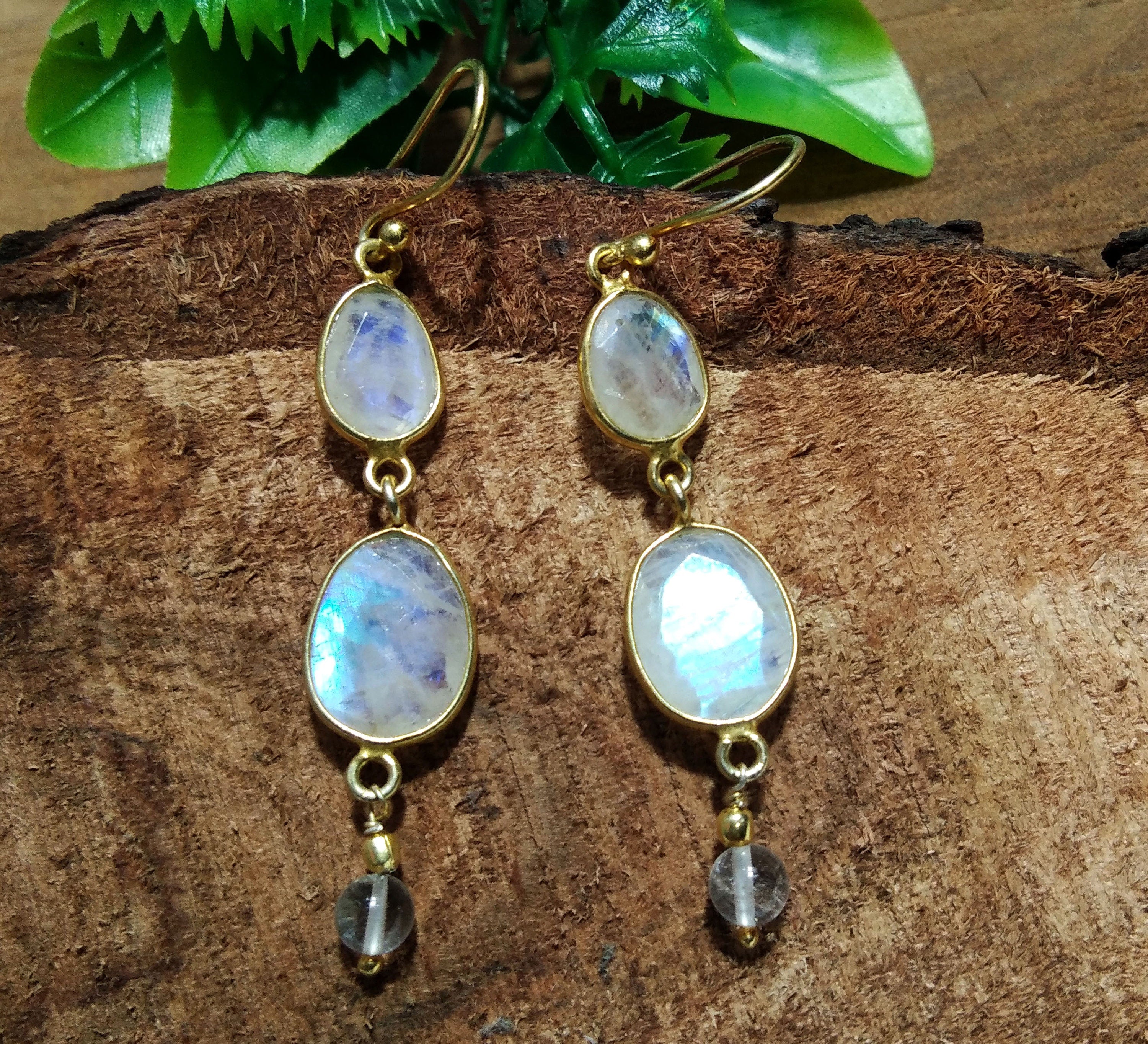 Rainbow Moonstone Earring ! 925 Starling Silver With Gold Plated Earring, Natural Gemstone Earring, Silver Bezel Handmade Earring For Gift.