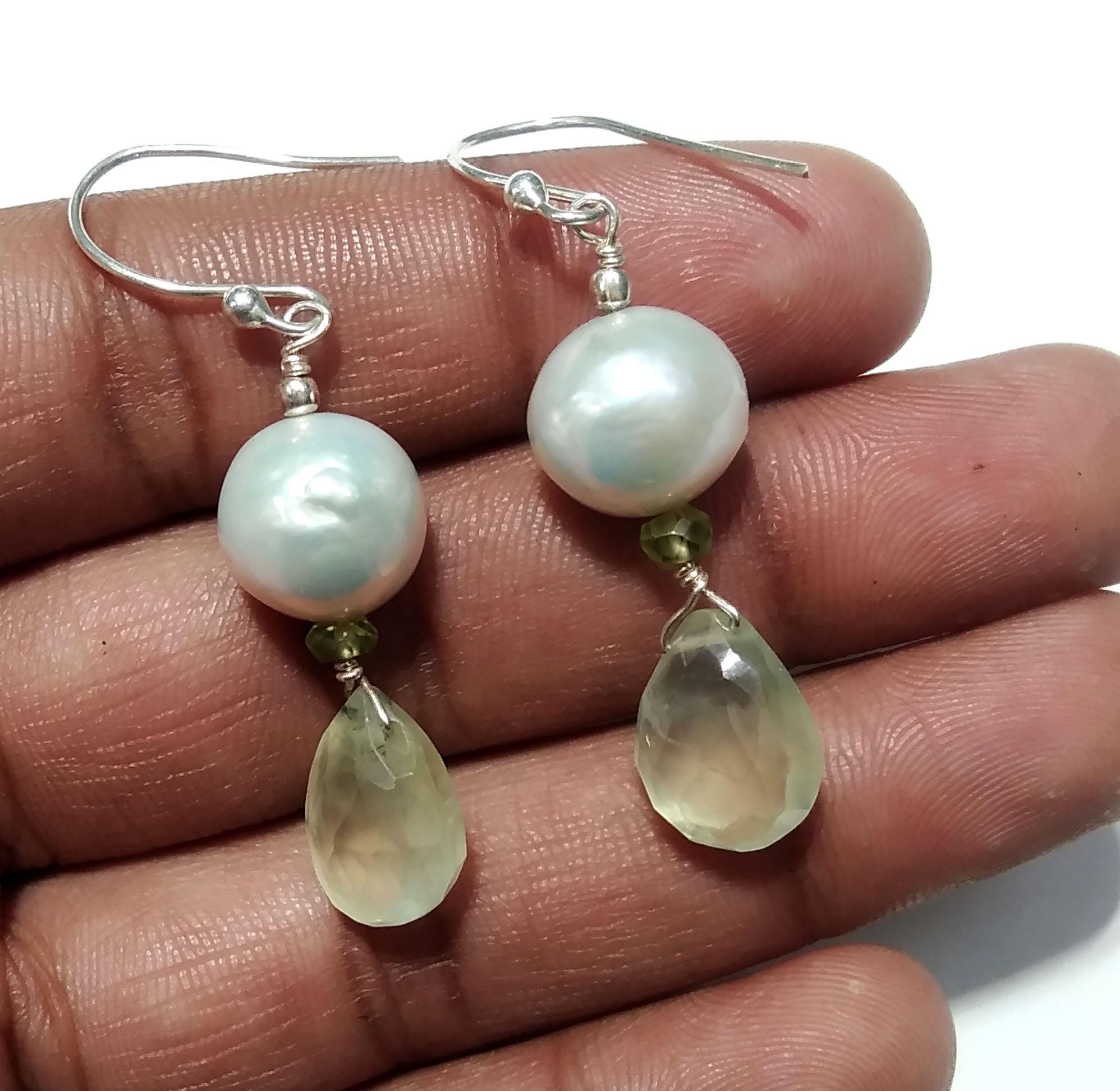 Natural Prehnite/Baroque Pearl Stone Earring, 925 Starling Silver Earring, Prehnite Stone Handmade Earring, Gift Women Bridesmaid Earring