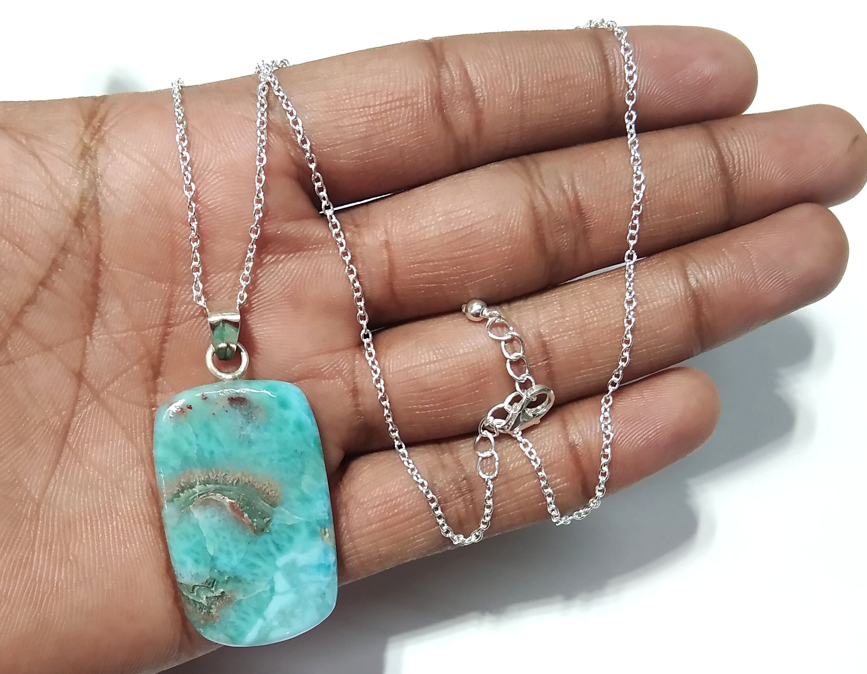 Natural Larimar Gemstone Chain Pendant, 925 Starling Silver Pendant Necklace, Handmade Jewelry Wonderful Larimar Stone Size 34x22 mm Pendant