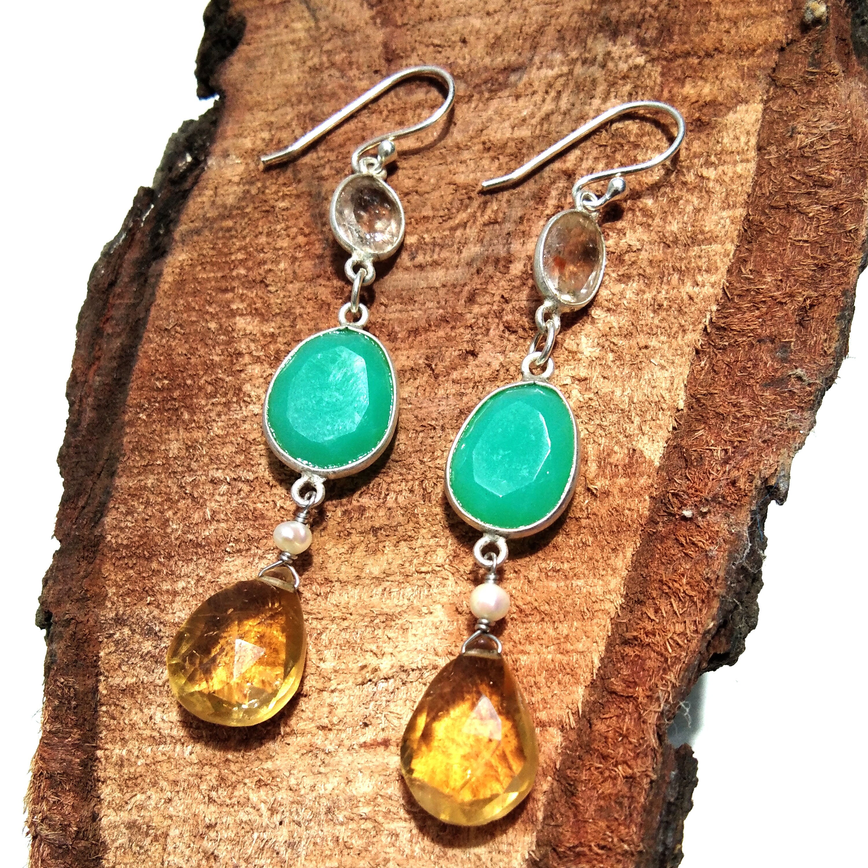 Natural Chrysoprase/Citrine Earring, 925 Solid Starling Silver Earring, Chrysoprase Stone Handmade Jewelry for Gift Women Earring