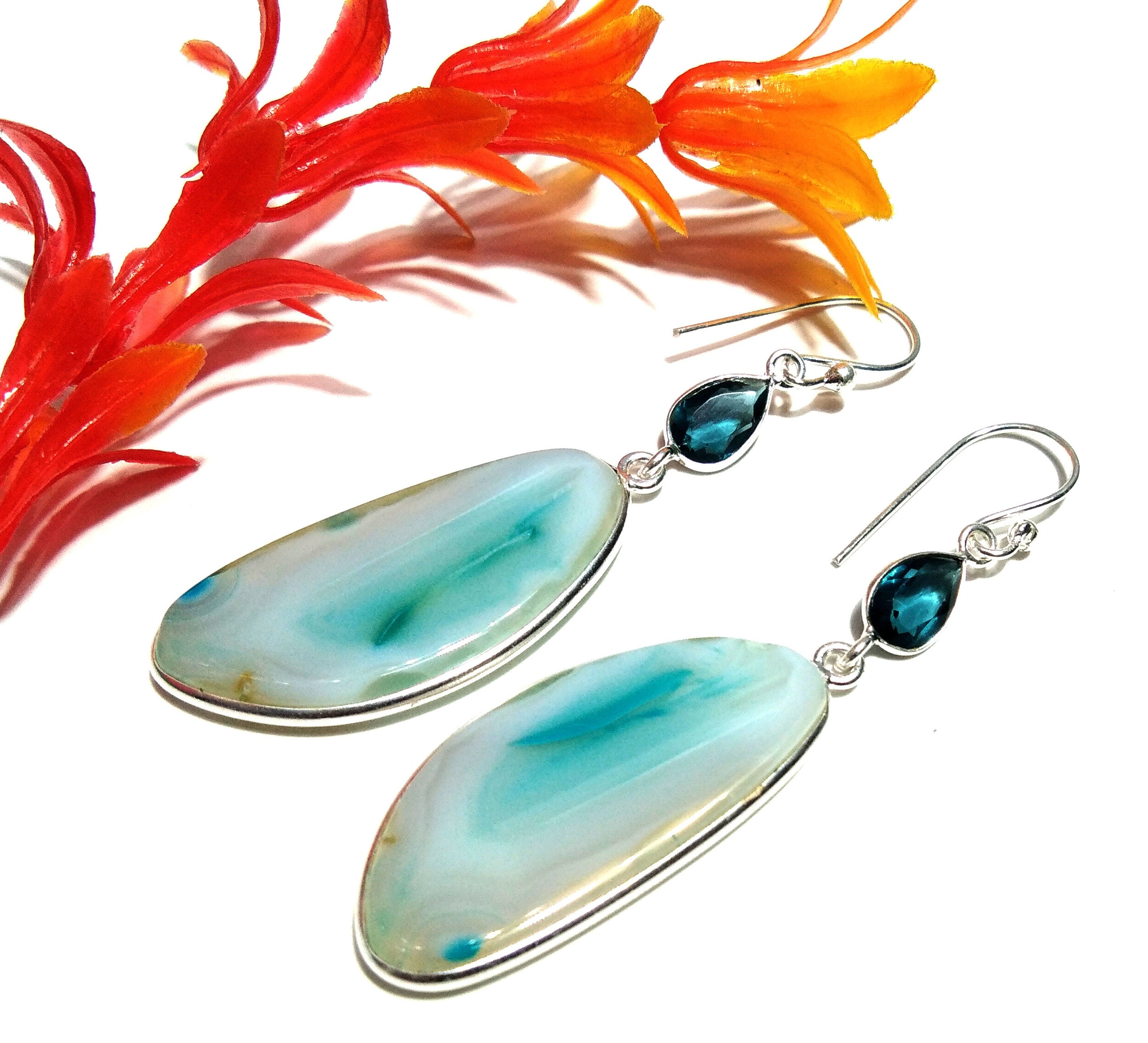 Natural Sky Blue Banded Agate/Topaz Gemstone Earring, 925 Solid Starling Silver Earring, Stone Size 32x15mm For Gift Wedding Earring Jewelry