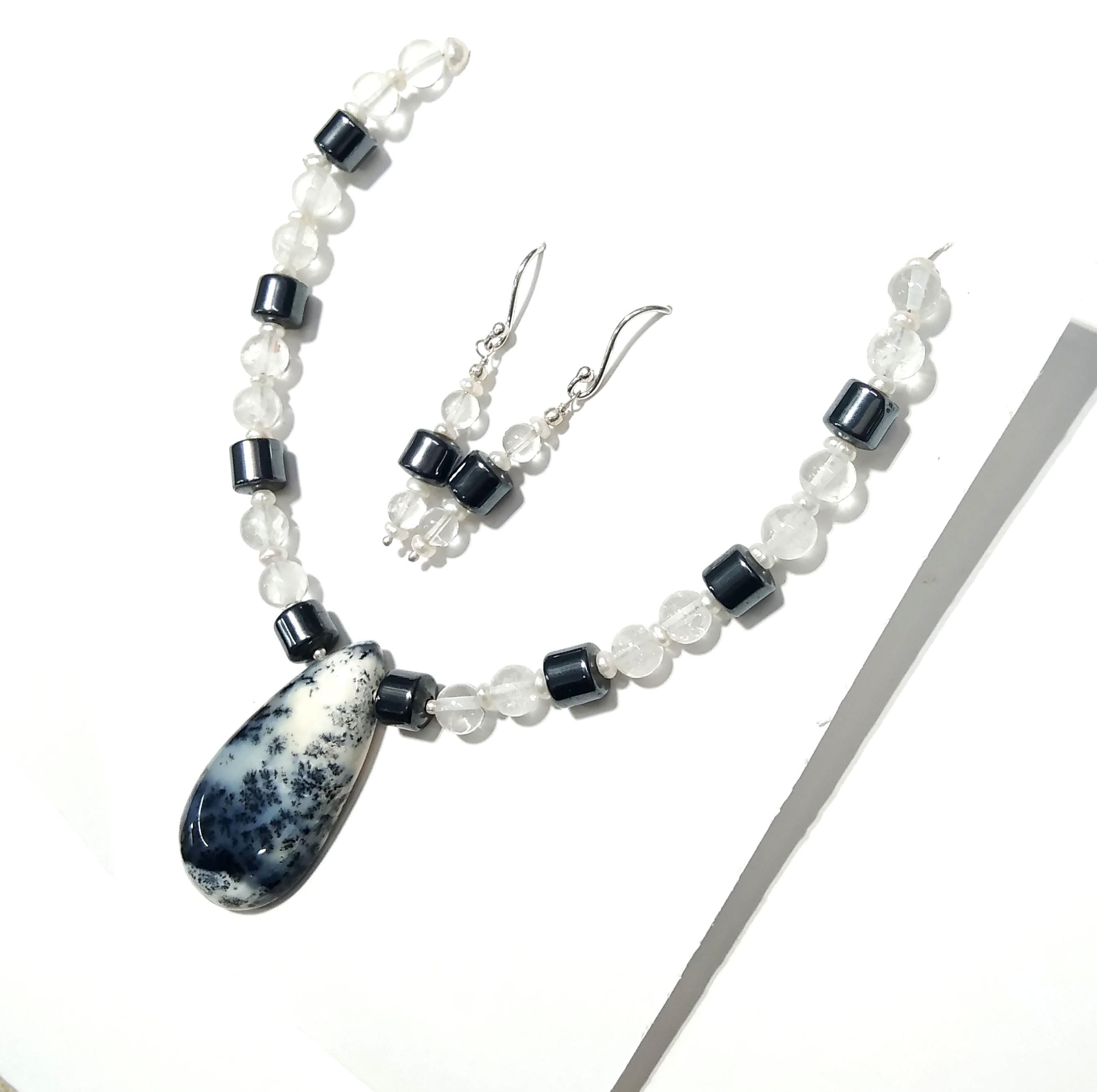 Natural Dendrite Opal/Crystal Gemstone Beads Necklace Set Jewelry, 925 Sterling Silver Necklace, Beaded Necklace Statement for Gift Jewelry