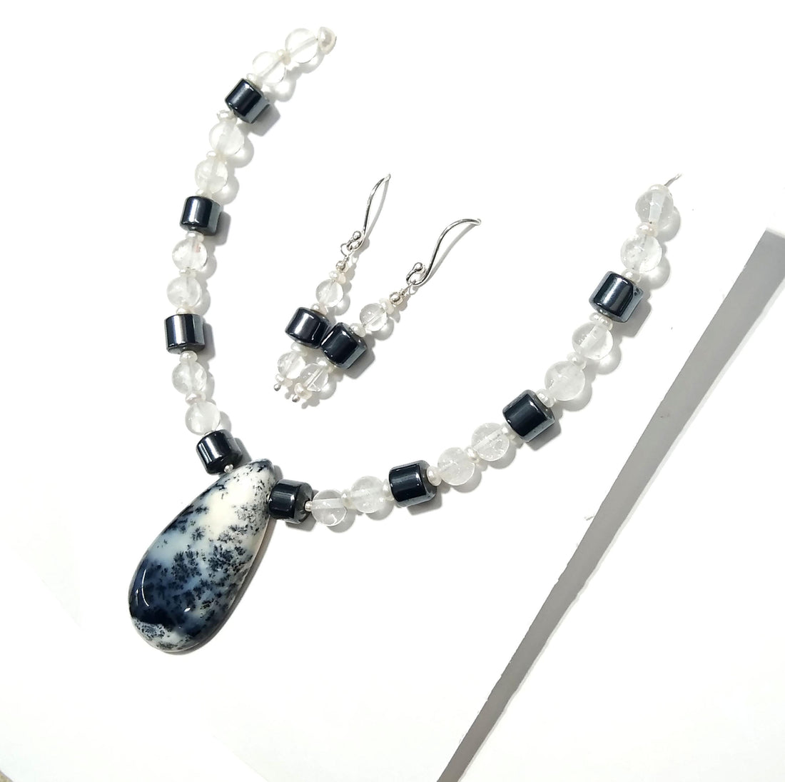 Natural Dendrite Opal/Crystal Gemstone Beads Necklace Set Jewelry, 925 Sterling Silver Necklace, Beaded Necklace Statement for Gift Jewelry
