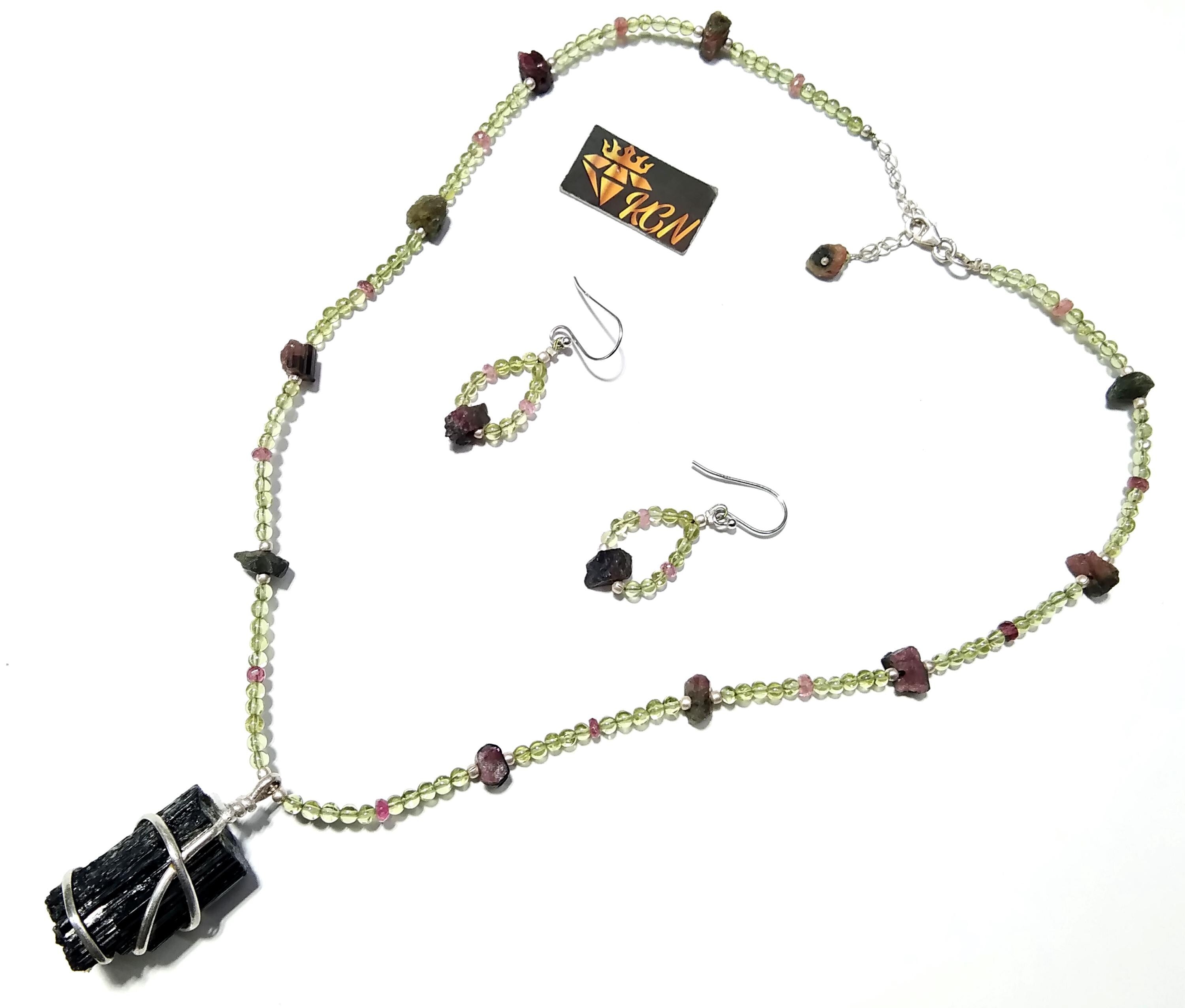 Natural Black Tourmaline/Peridot Gemstone Bead Necklace Jewelry Earring Set, 925 Sterling Silver Necklace Beaded Necklace Statement Jewelry