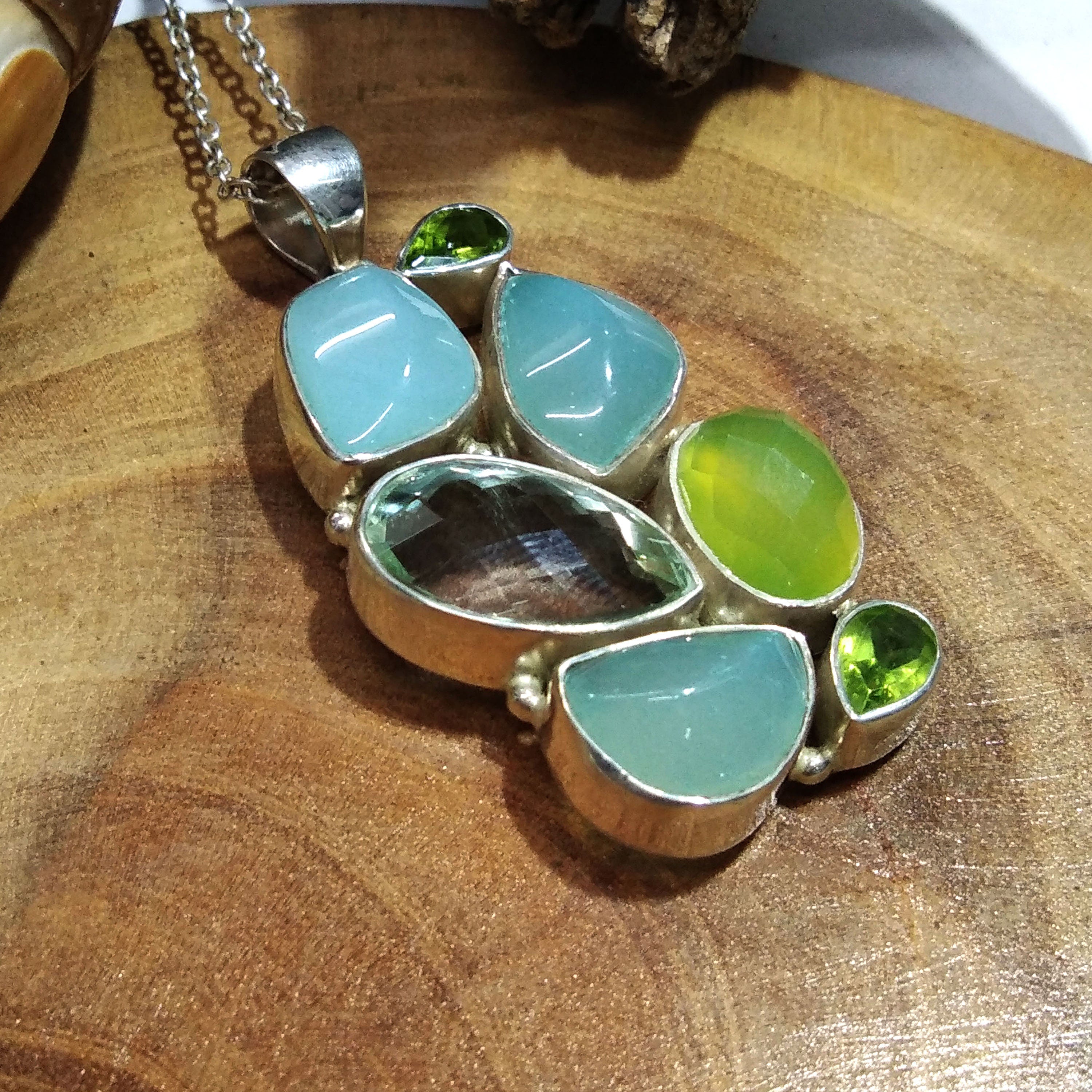 Natural Aqua Chalcedony,Green Amethyst,Peridot Gemstone Pendant Necklace Chain, 925 Starling Silver Pendant Necklace, Handmade Stone Pendant