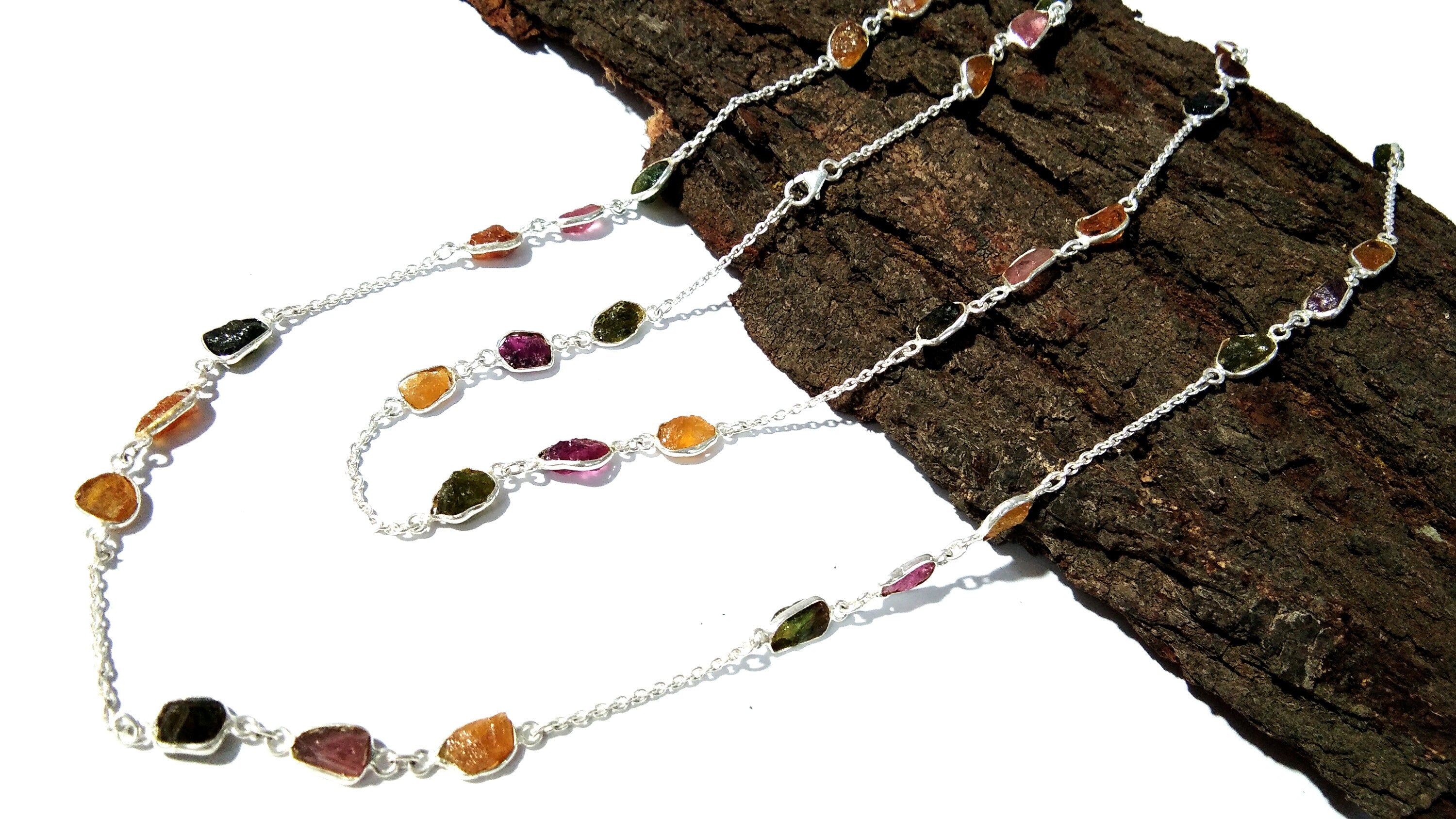 Beautiful Natural Gemstone Multi Color Tourmaline Rough Log Chen Necklace For Girls & Woman, 925 Starling Silver Log Necklace Length 44 inch