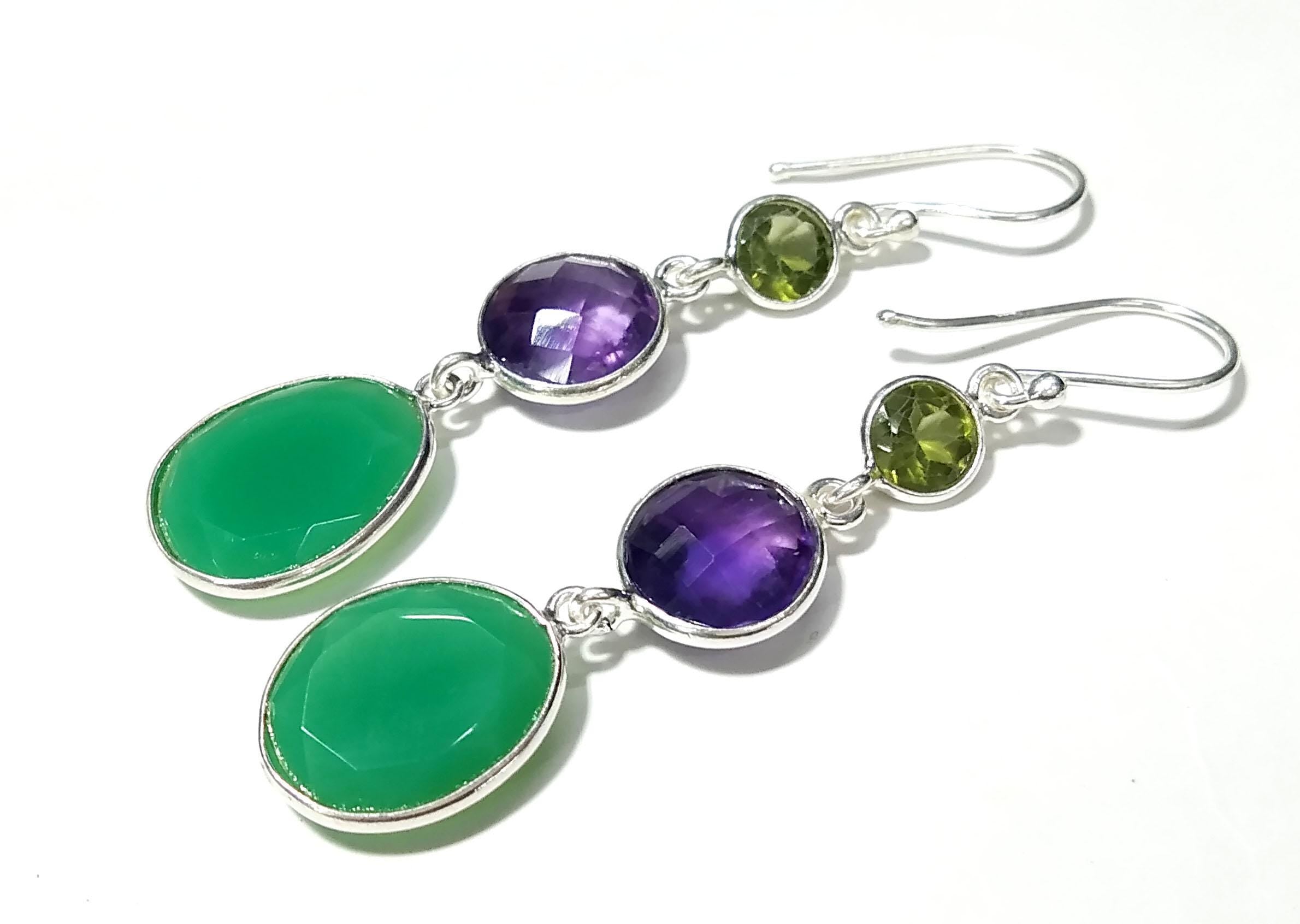 Natural Chrysoprase/Peridot/Amethyst Gemstone Earring, 925 Starling Silver Earring, Chrysoprase/Amethyst Gemstone Earring, For Girls/Women.