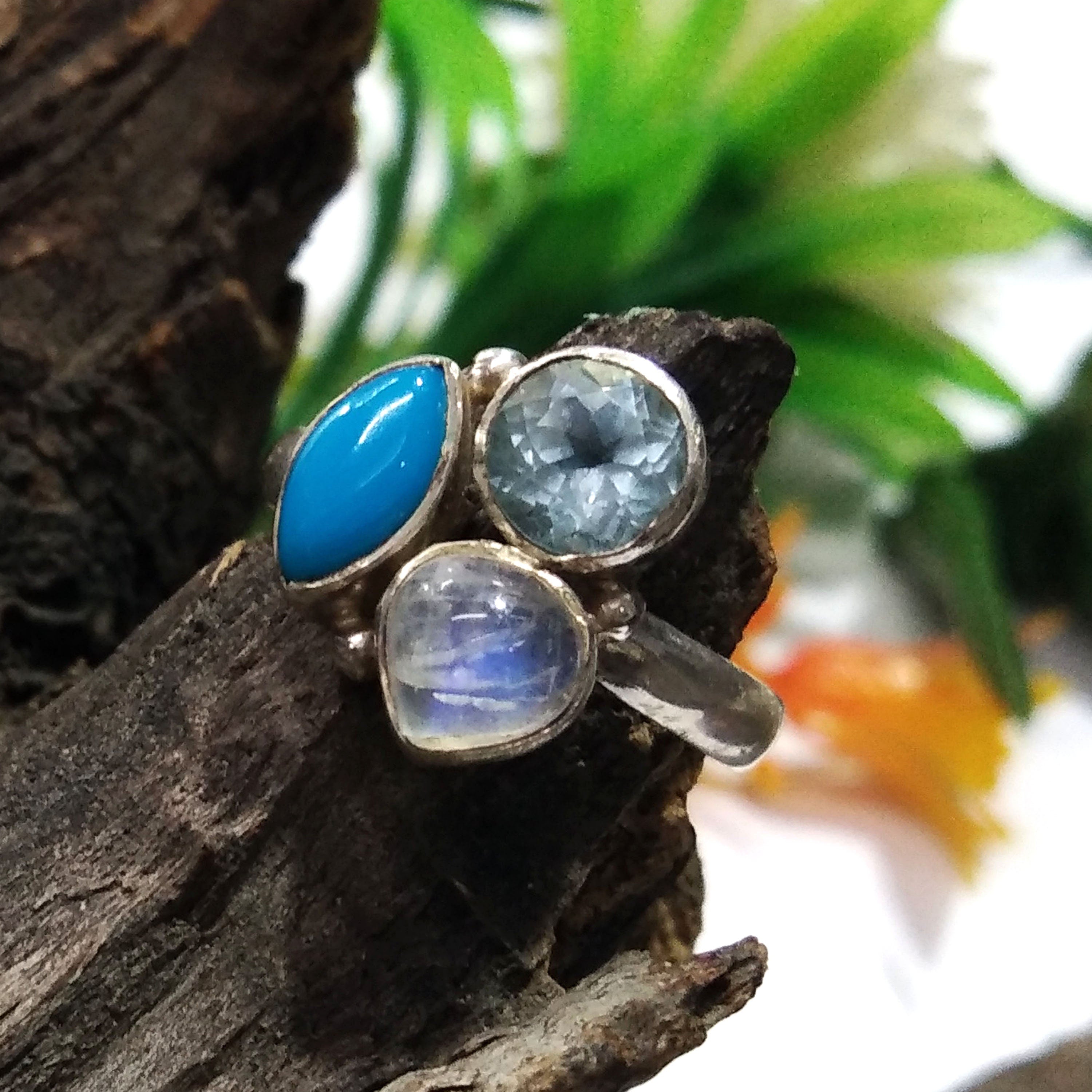 Natural Turquoise, Aquamarine, Moonstone Gemstone Ring, 925 Solid Starling Silver Ring, Stone Size Mix Handmade Birthstone Ring Gift For Her
