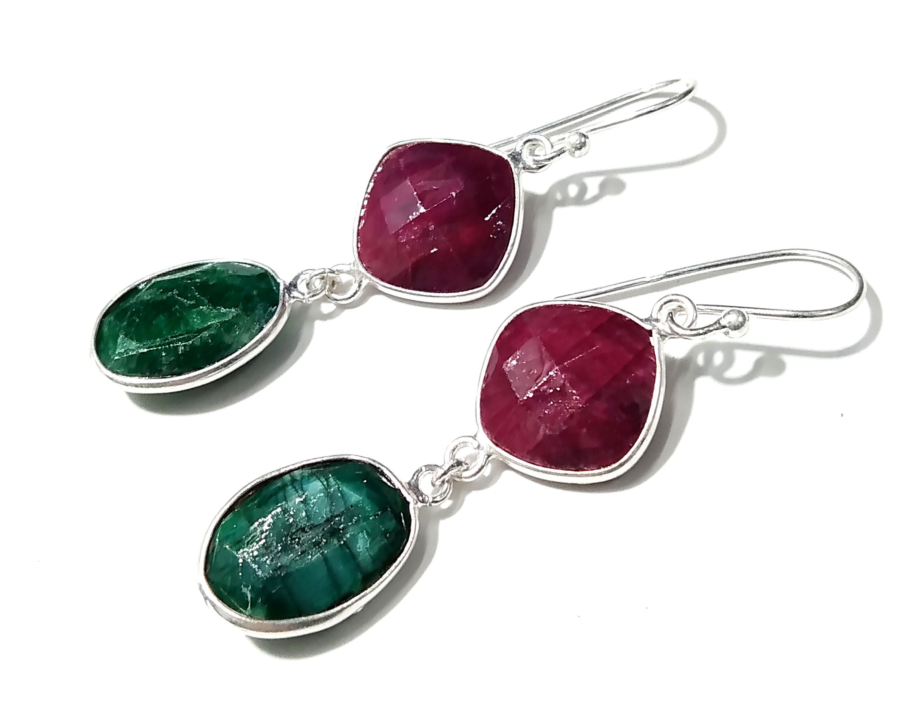 Natural Red Ruby/Emerald Stone Earring, 925 Solid Starling Silver Earring Gemstone, Gift Wedding Earring, Jewelry For Women's