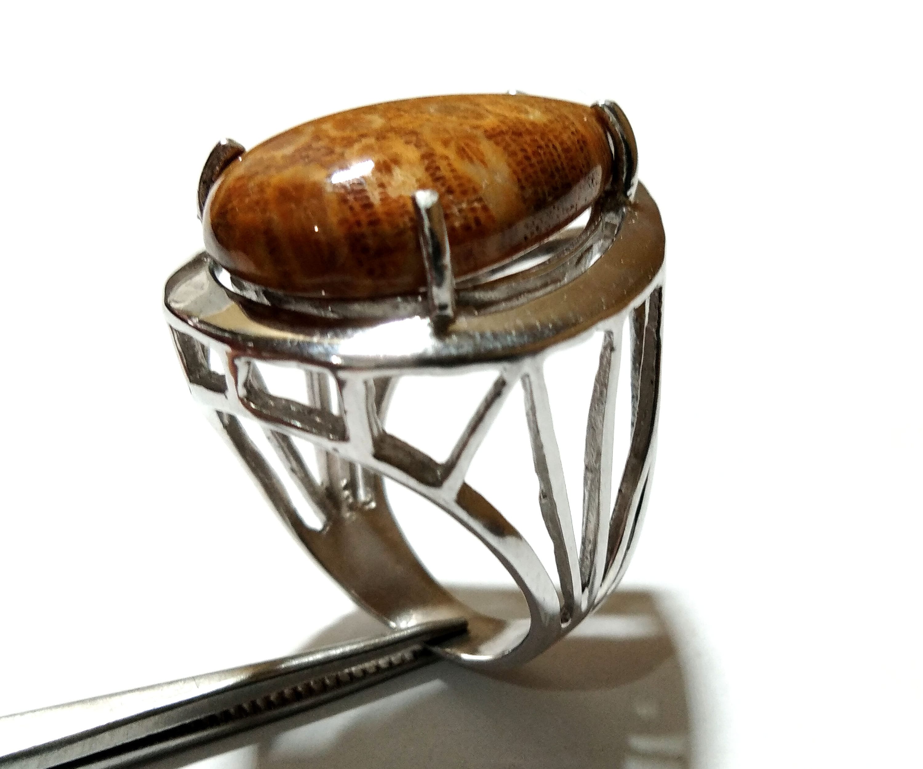 Designer Natural Fossil Coral Gemstone Pear Shape Ring, Solid 925 Sterling Silver Jewelry, Ring, Silver Band, Gift For Girls & Women. Ring