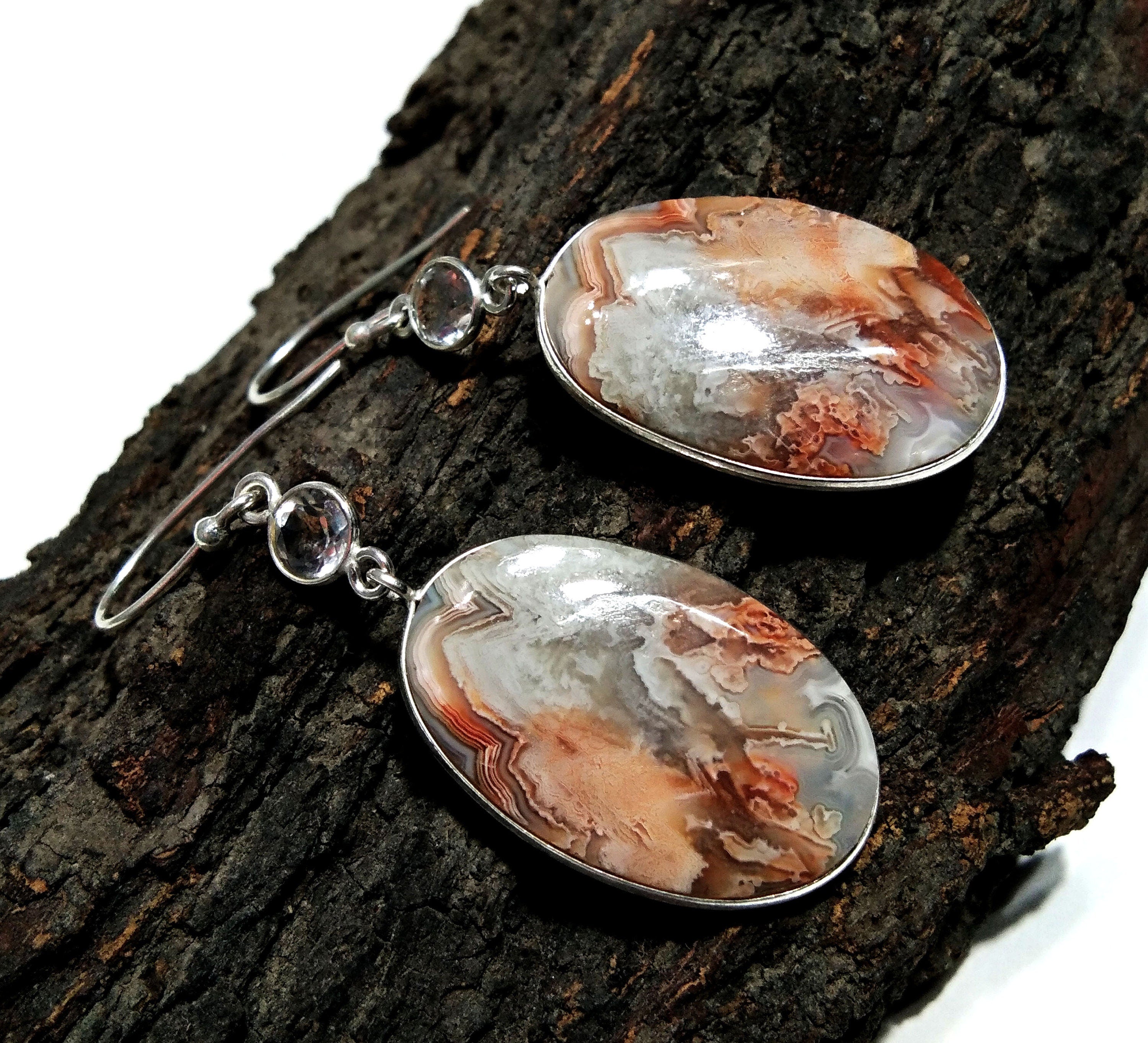 Natural Crazy lace Agate/White Topaz Stone Earring, 925 Solid Starling Silver Earring Oval Shape Stone Size 25x17mm Gift Girls/Women Earring
