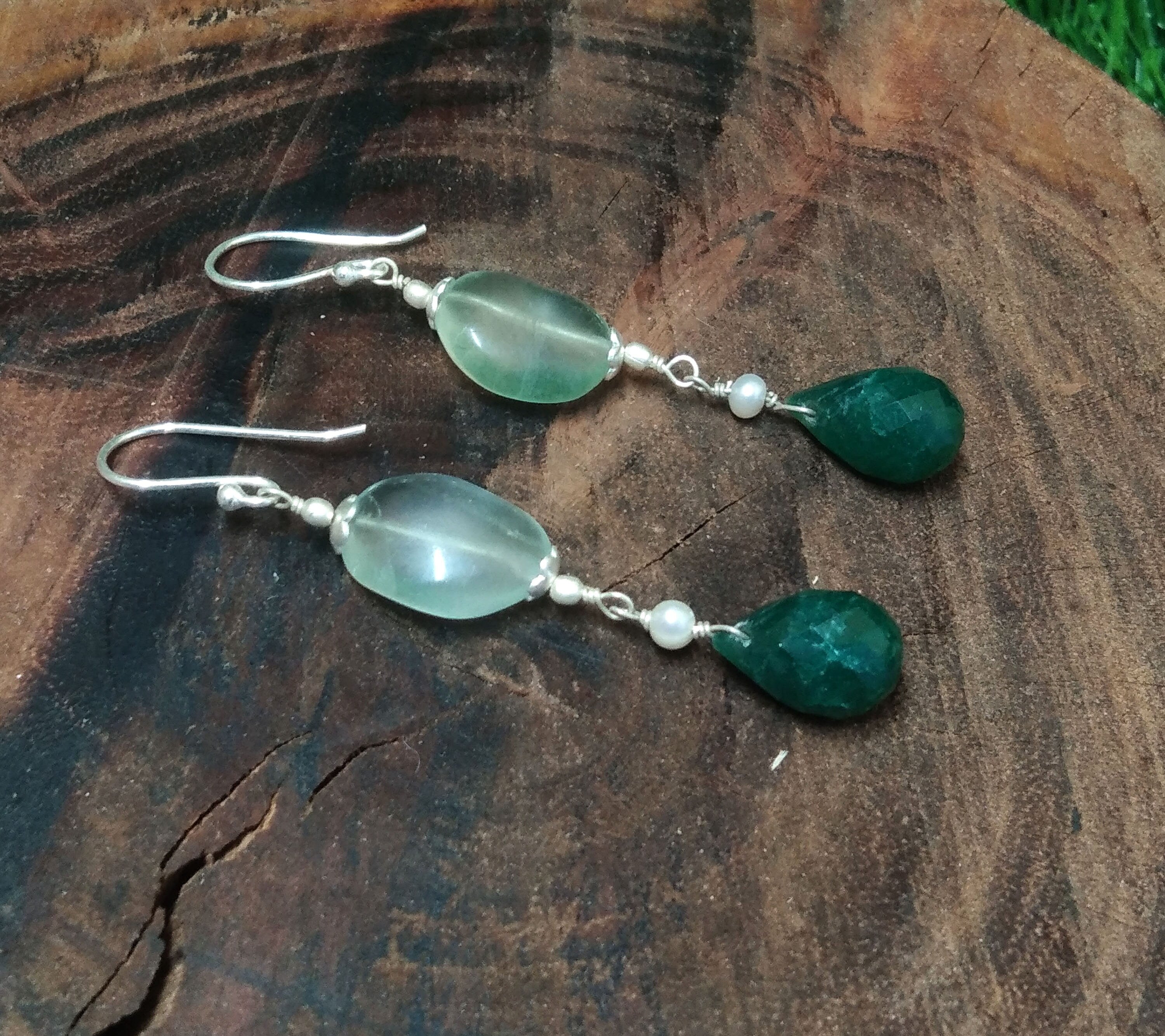 Natural Green Fluorite, Green Onyx Pearl Stone Earring, Very Beautiful Fluorite Beaded Gemstone Earring, 925 Solid Starling Silver Earring