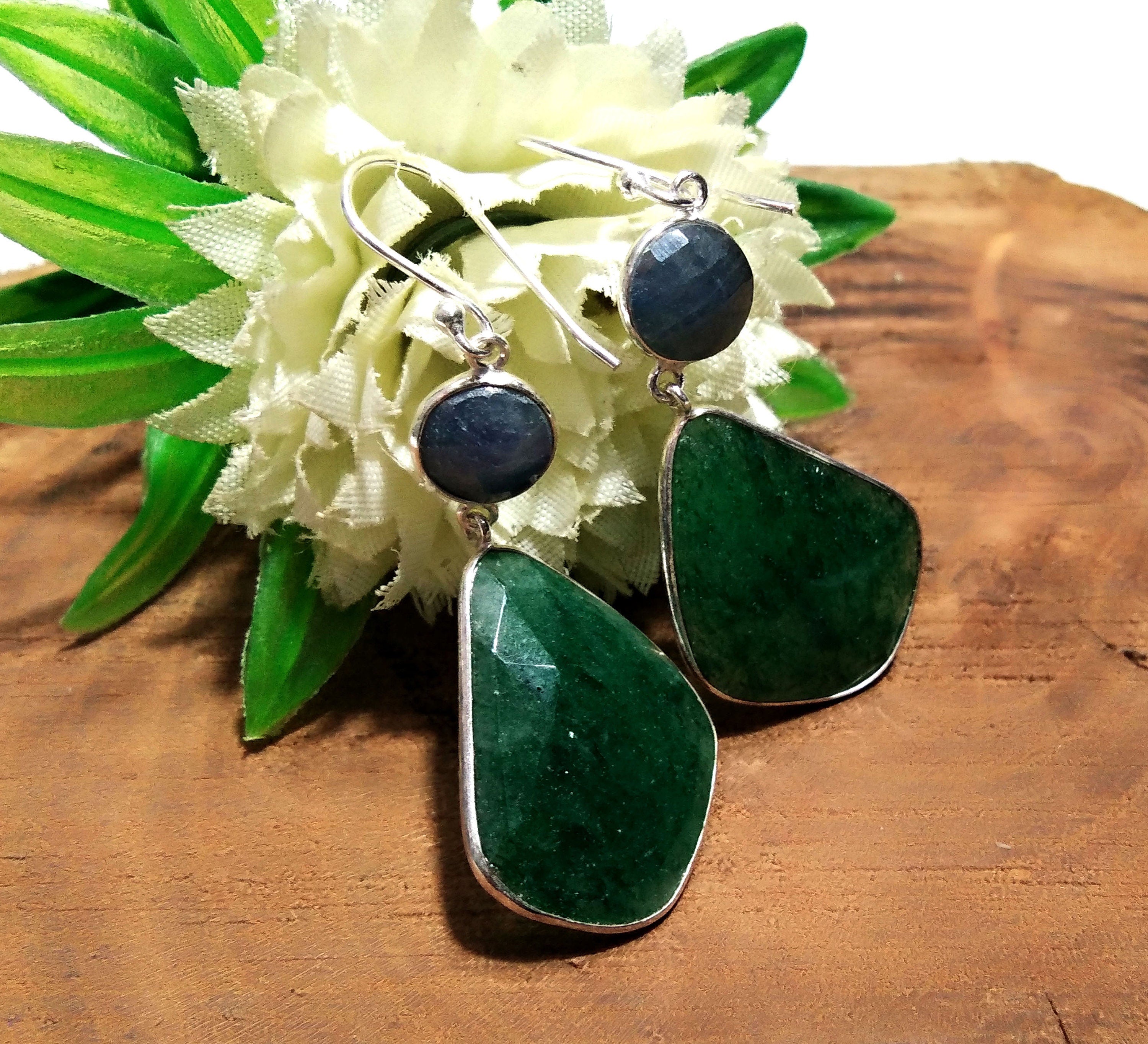 Natural Blue Sapphire/Green Jade Gemstone Earring, 925 Solid Starling Silver Earring, Handmade Silver Earring Top Color Stone Earring Gift