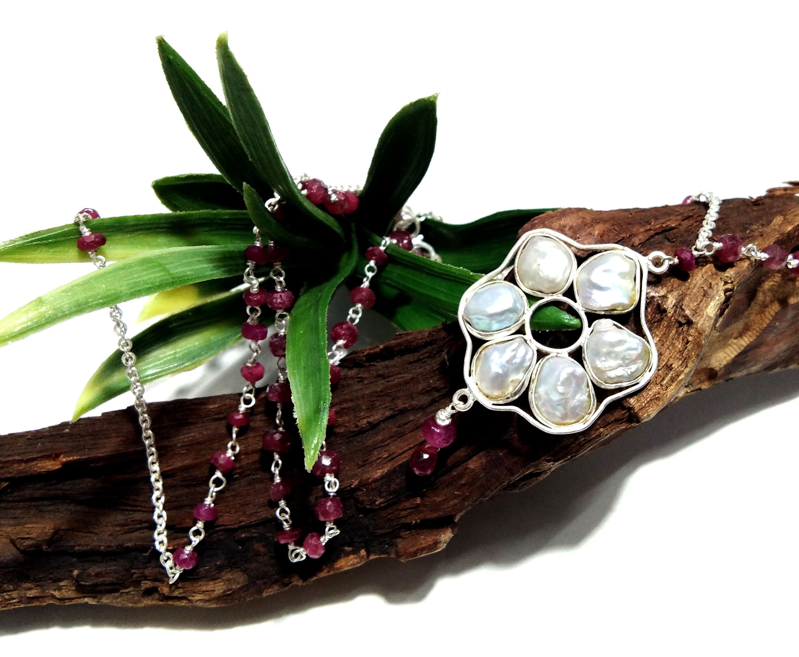 Log Chain Necklace, Natural Baroque Pearl & Red Ruby Necklace, 925 Starling Silver Log Chain Necklace,36''Inches Adjuster Chain Necklace