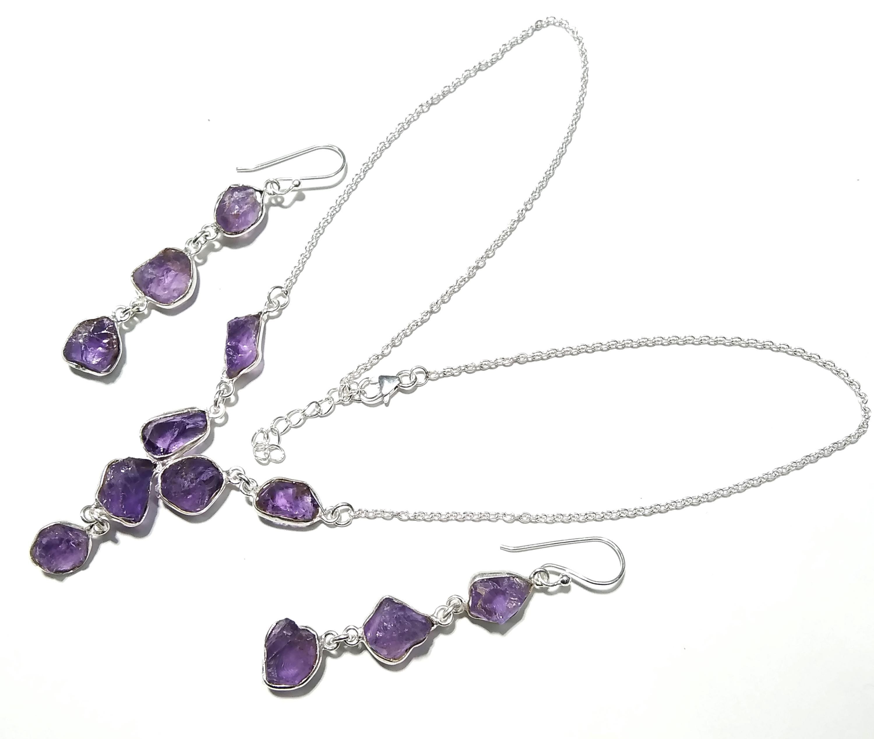 Natural Amethyst Rough Earrings And Necklace Jewellery Set, 925 Solid Sterling Silver Necklace Amazing Quality Amethyst Gift For Girls/Women