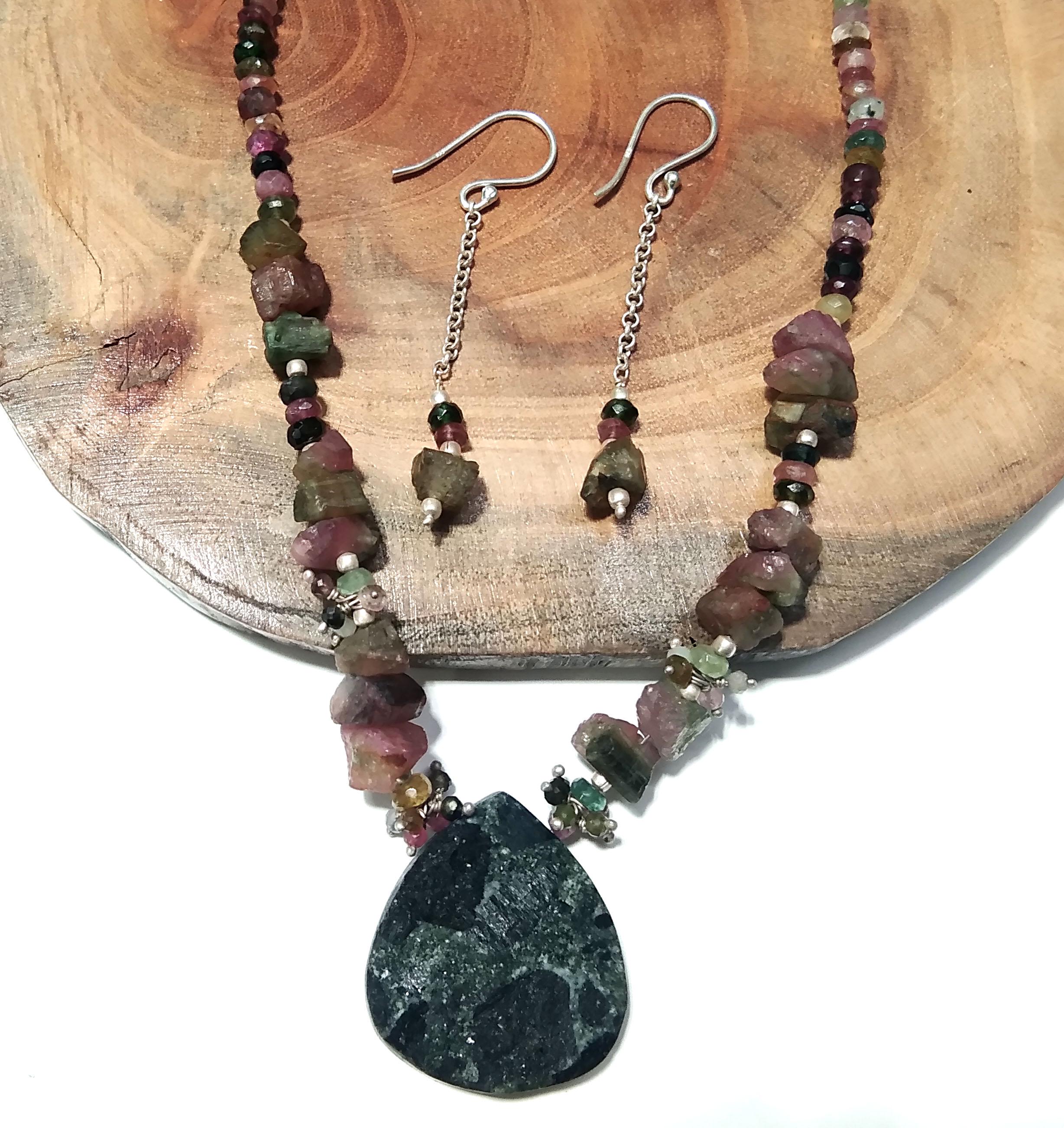 Natural Multi Tourmaline/Black Tourmaline Beads Necklace Set Jewelry, 925 Sterling Silver Necklace Beaded Necklace Statement Jewelry