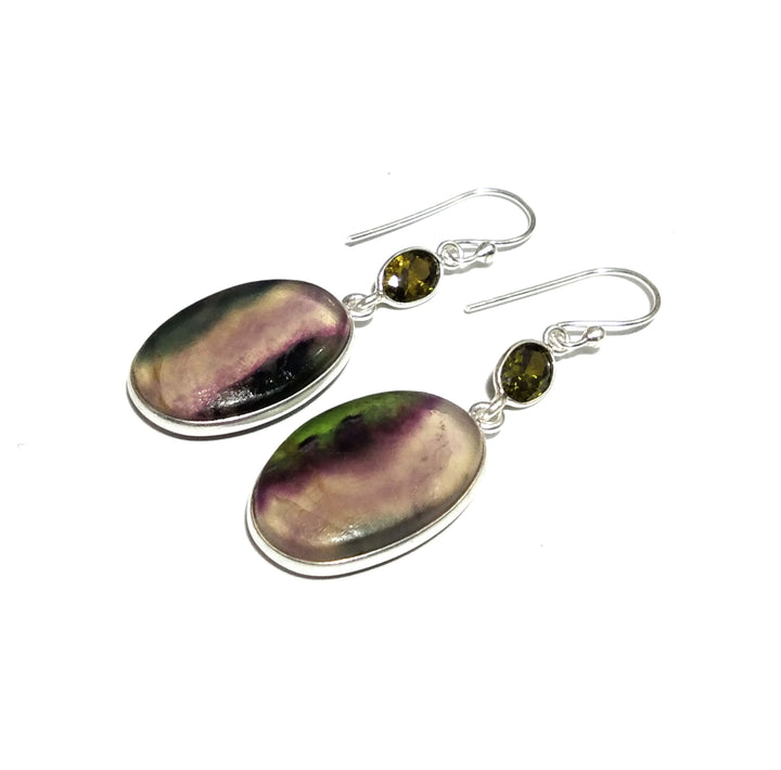Natural Multi Flourite/Peridot Earring, 925 Solid Starling Silver Earring, Amazing Color Multi Flourite Stone Size 22x14 mm Gift Earring