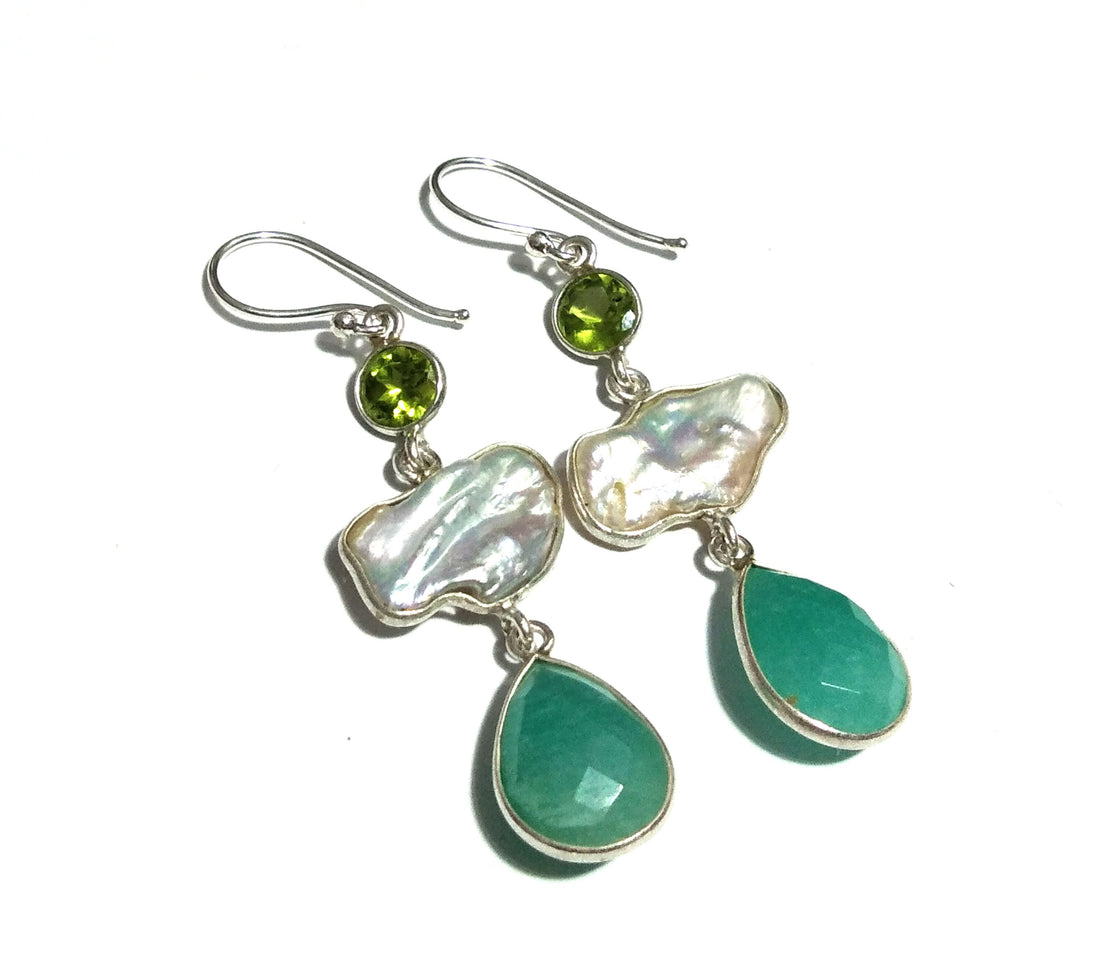 Natural Fresh Water Baroque Pearl/Peridot/Chalcedony Stone Drop Earring, 925 Solid Starling Silver Earring Gemstone, Gift Birthday Earring