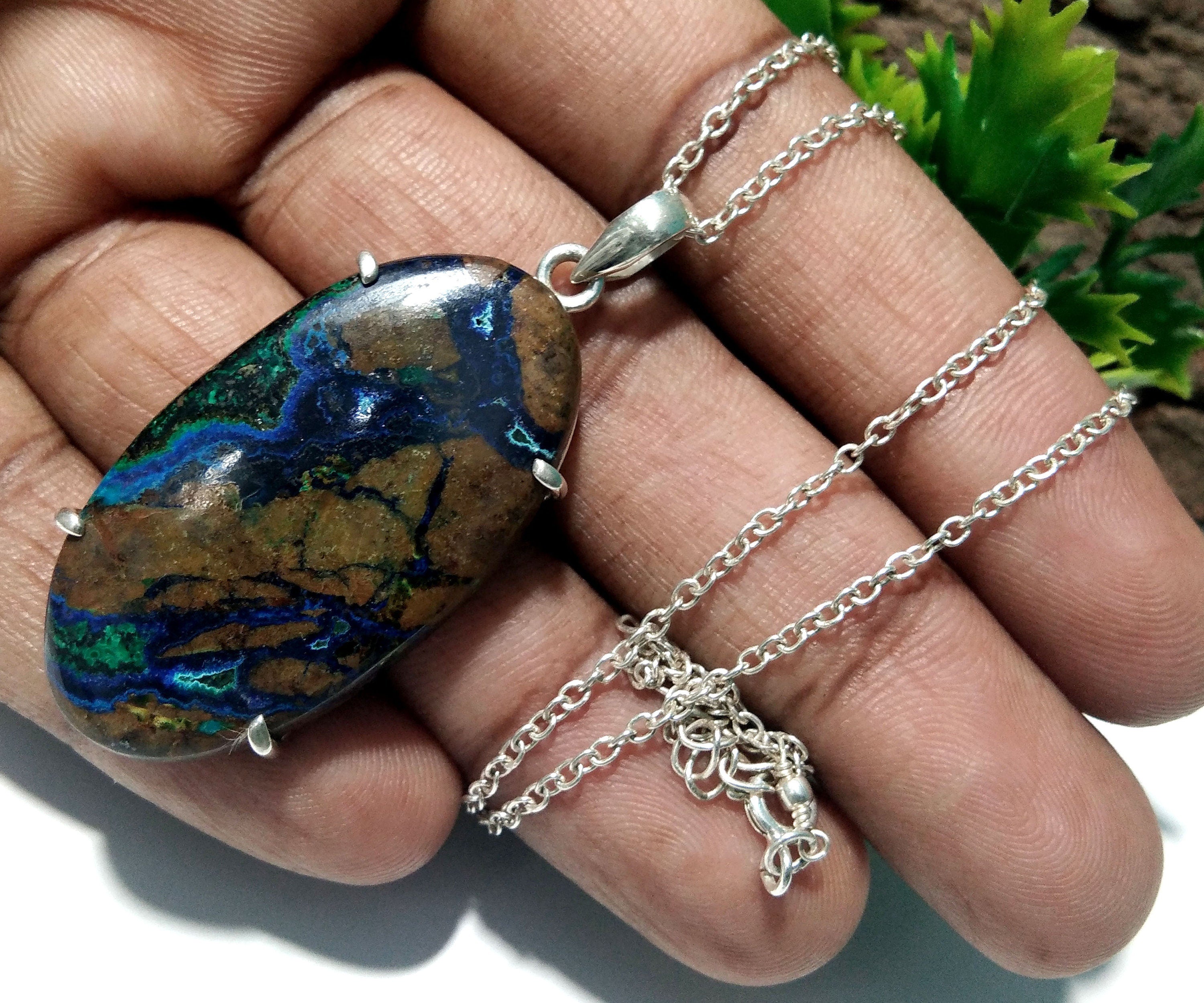 Natural Azurite Malachite Gemstone Chain Pendant Necklace, 925 Sterling Silver Pendant Jewelry Handmade Pendant Necklace & Easter Pendant