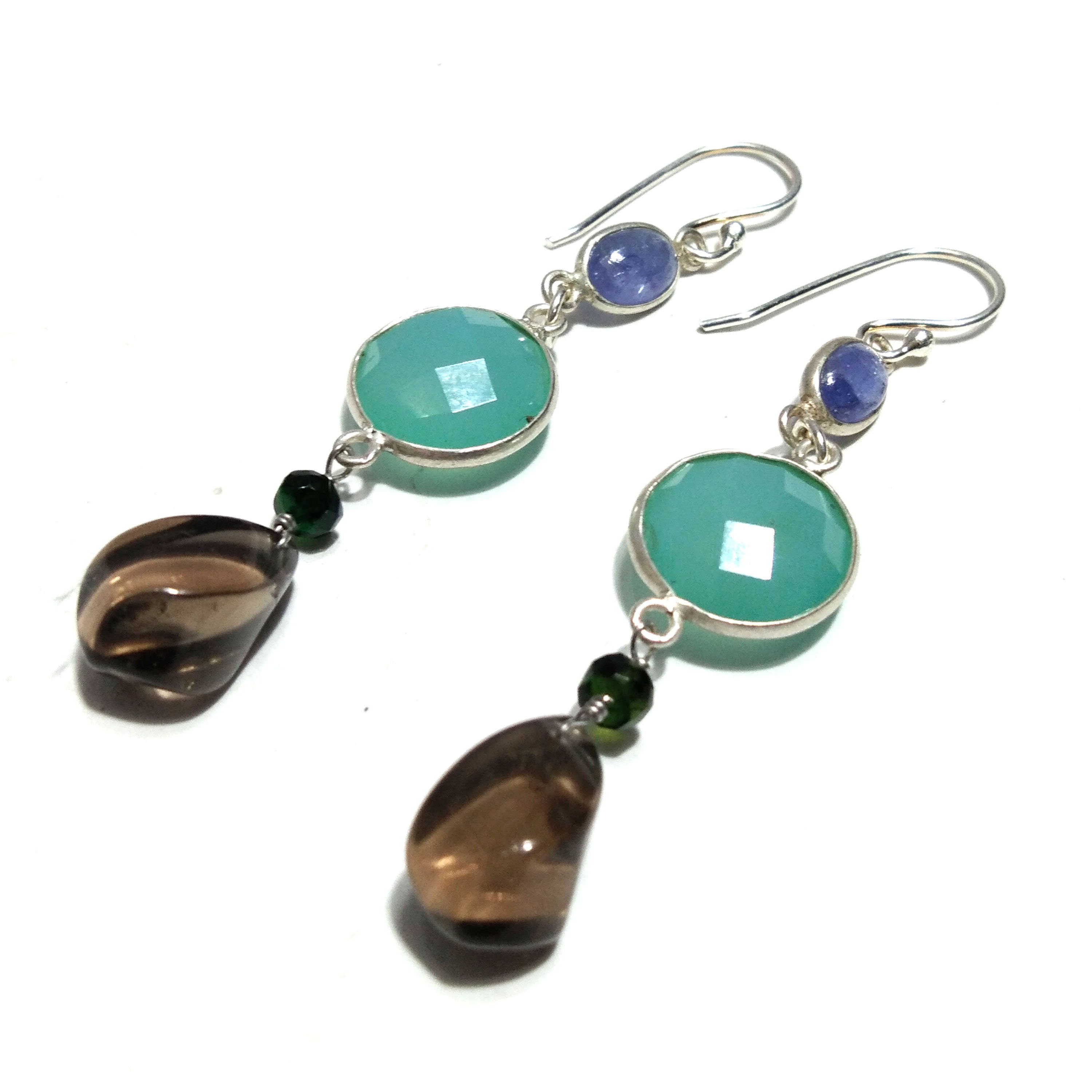 Natural Aqua Chalcedony/Smoky Quartz Earring, 925 Solid Starling Silver Earring, Chalcedony Stone Handmade Gift Women Earring Jewelry
