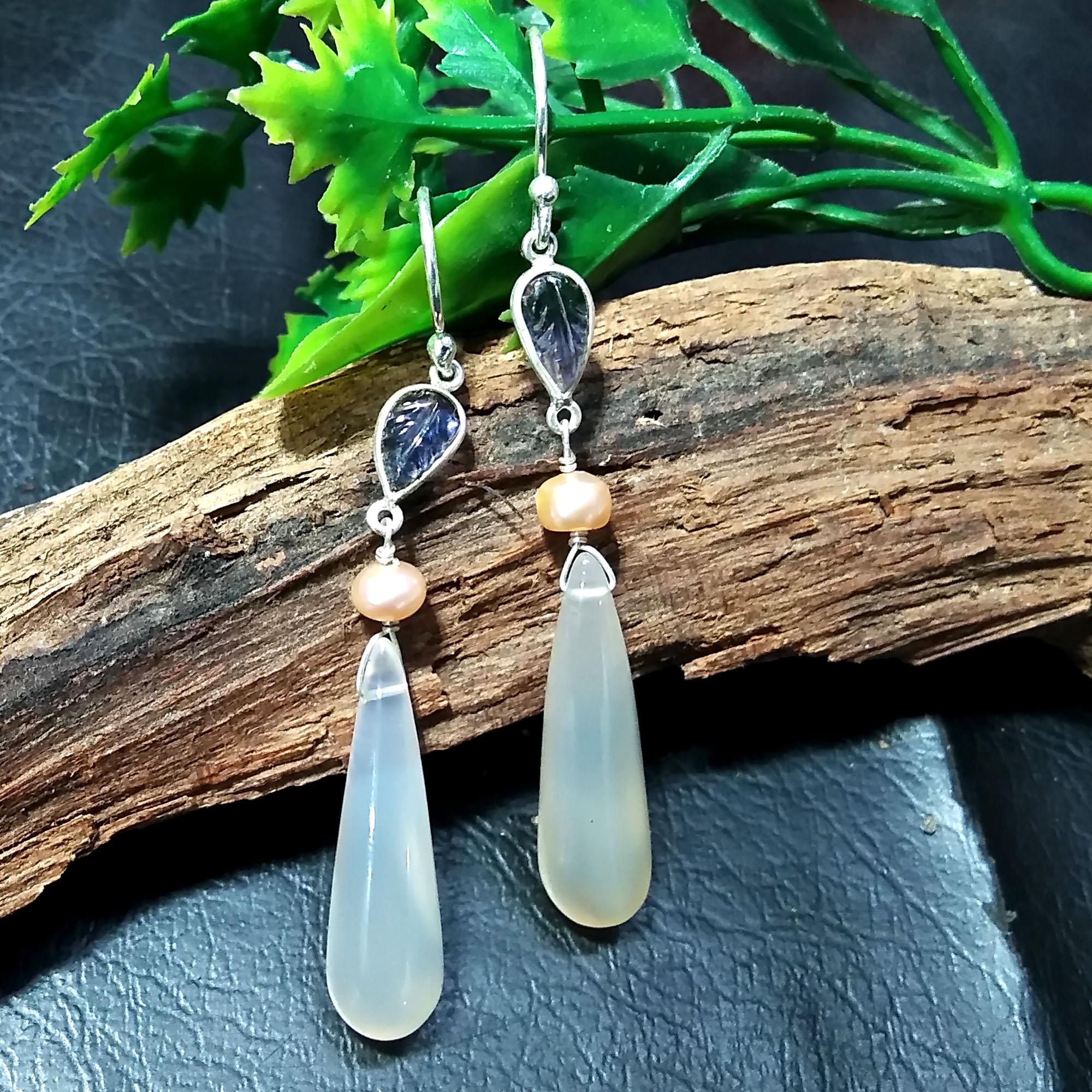 Natural Chalcedony/Iolite Carving & Pearl Gemstone Earring, 925 Starling Silver Earring Handmade Silver Jewelry Stone Earring Gift Birthday