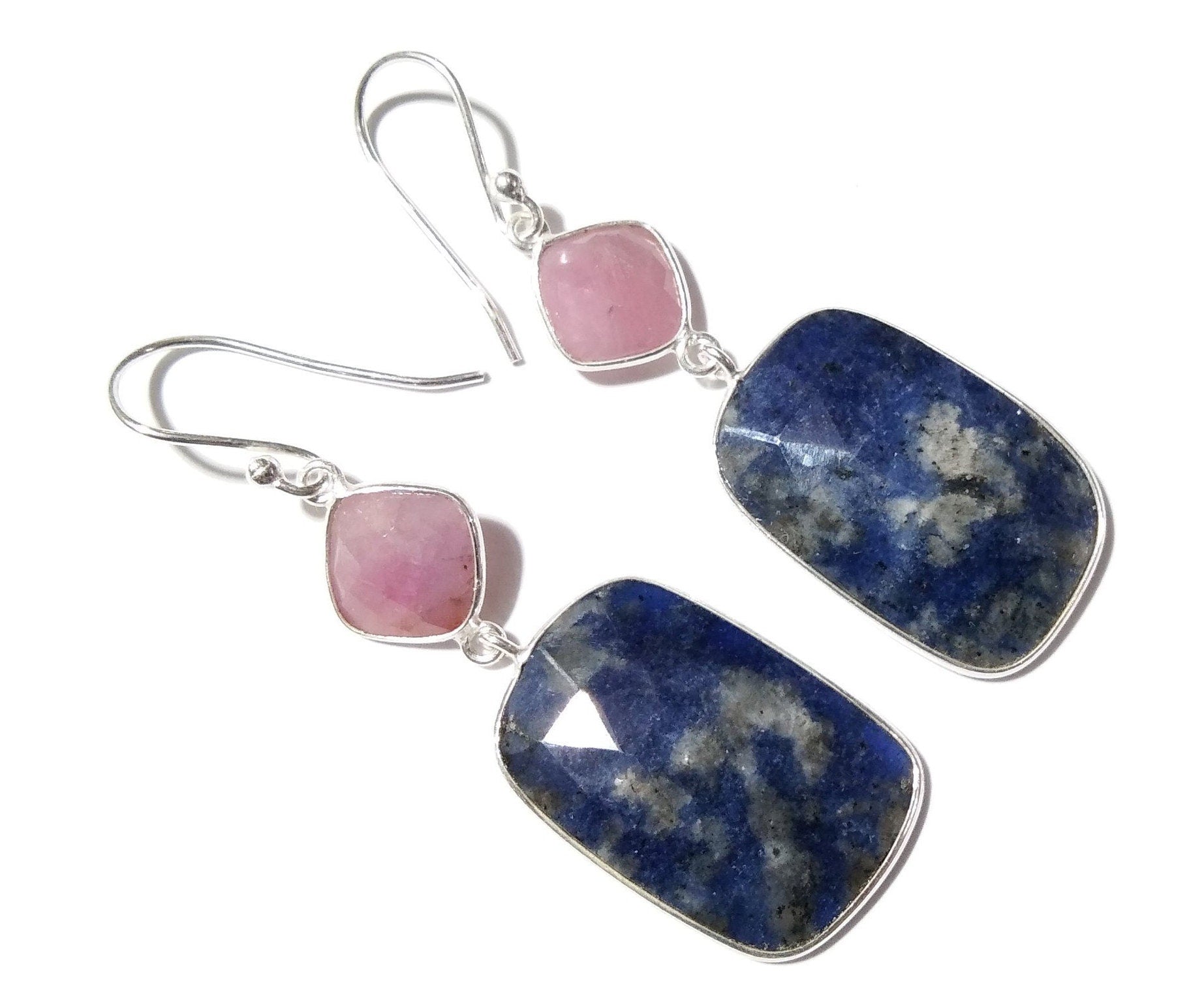 Beautiful Earring, Pink Sapphire, Blue Jade Natural Gemstone Faceted Earring, 925 Starling Silver Earring, Handmade Bezel Earring For Women.