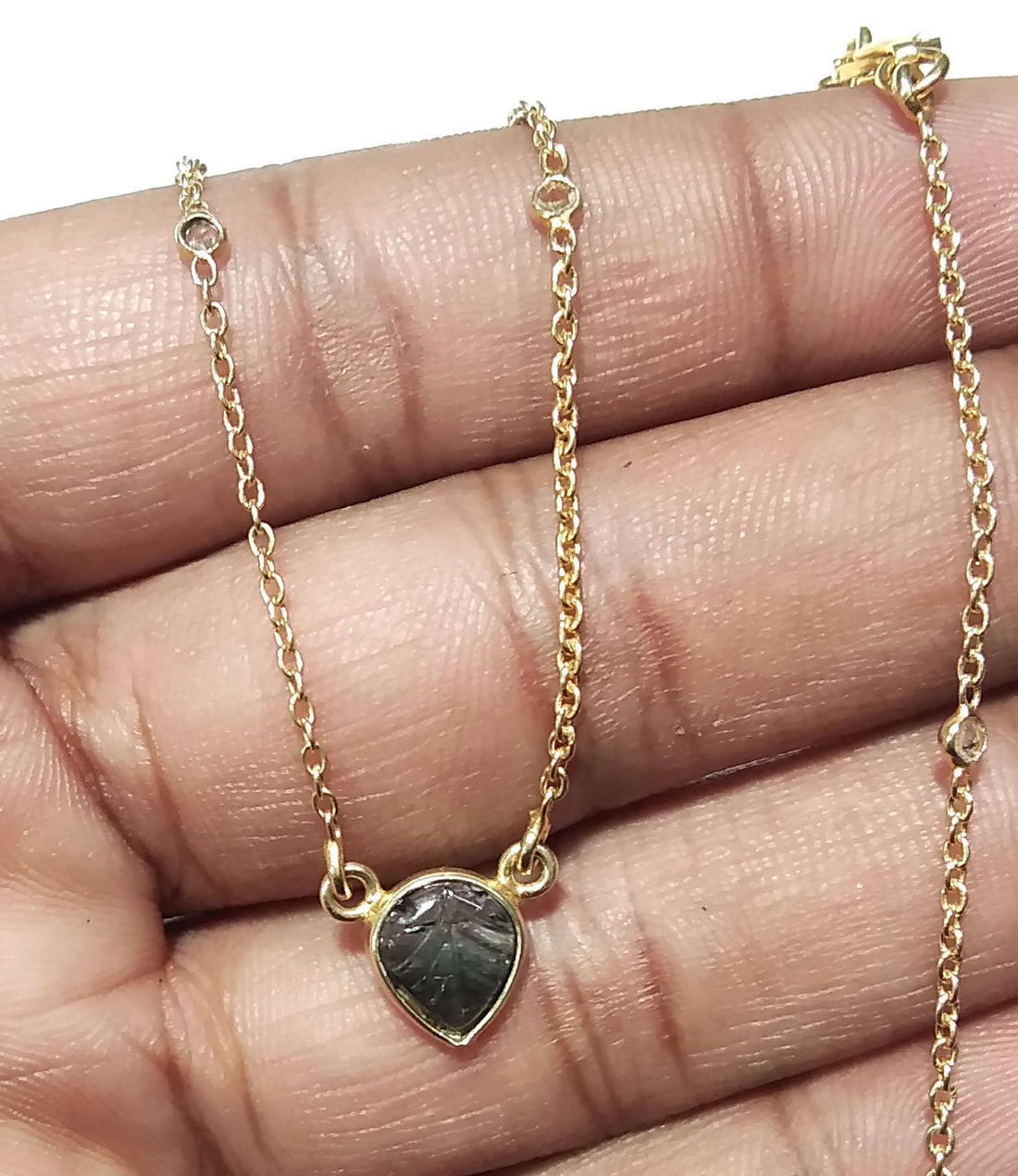 Natural Tourmaline Craving & White Topaz Gemstone Chain Pendant Necklace, 925 Starling Silver Gold Plated Pendant Stone For Gift Girls/Women