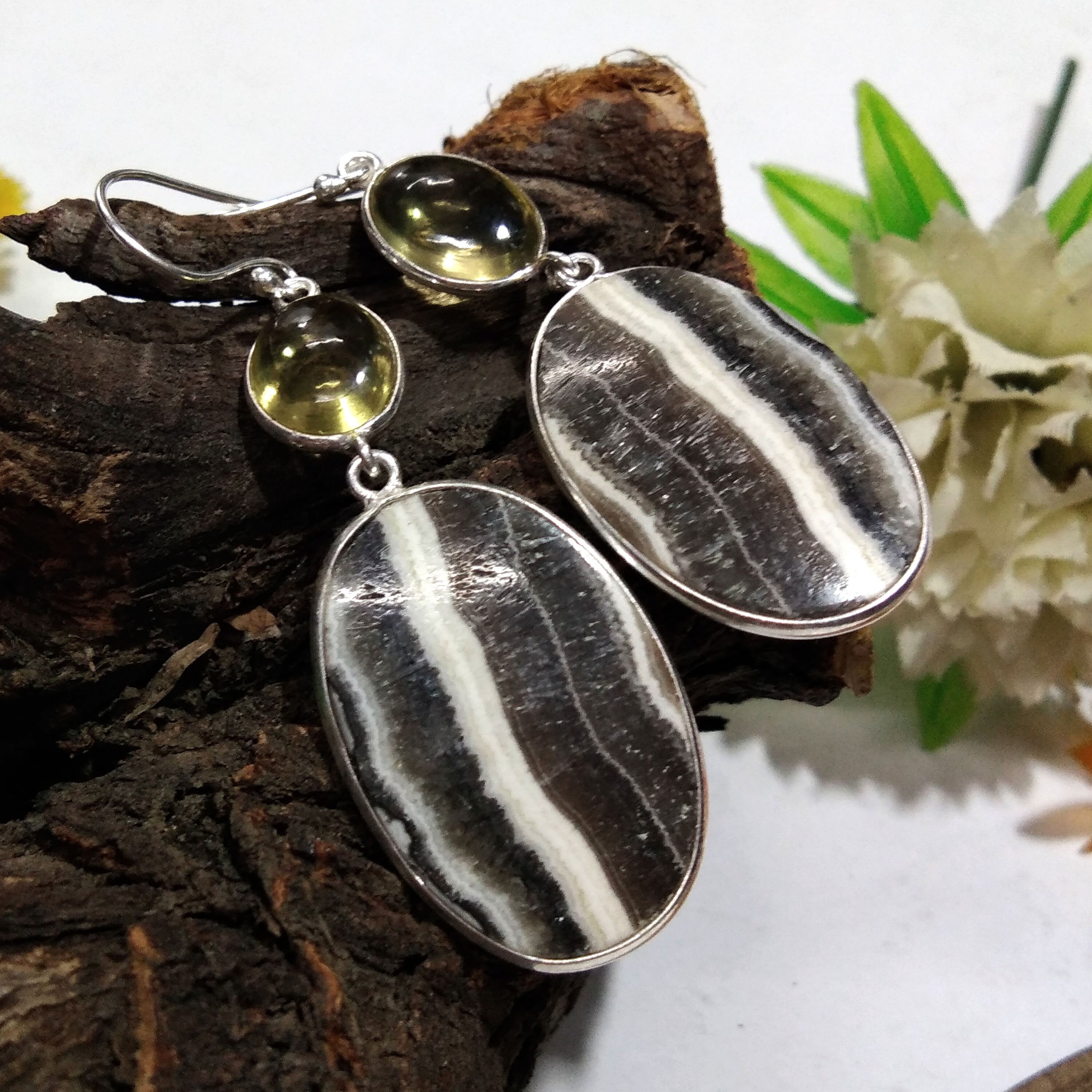 Natural Zebra Jasper, Lemon Quartz Gemstone Earring, 925 Solid Starling Silver Earring, Handmade Silver Jewelry Stone Earring, Gift Wedding
