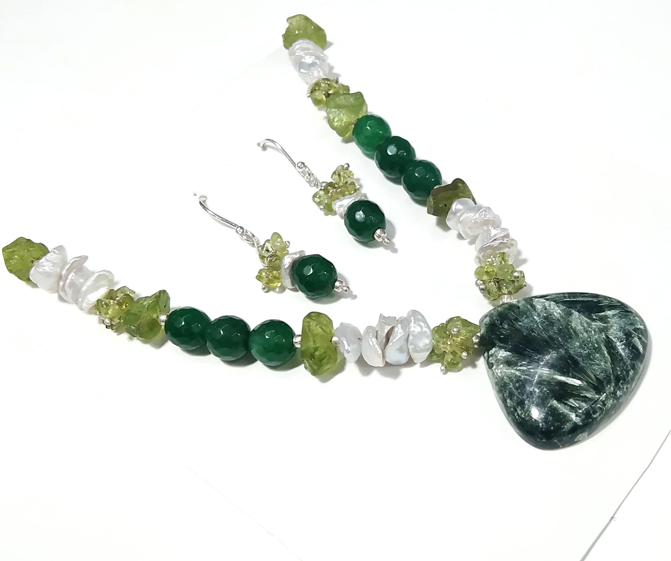 Natural Seraphinite/Peridot/Green Jade Gemstone Beads Necklace Set, Jewelry 925 Sterling Silver Necklace, Beaded Necklace Statement Jewelry