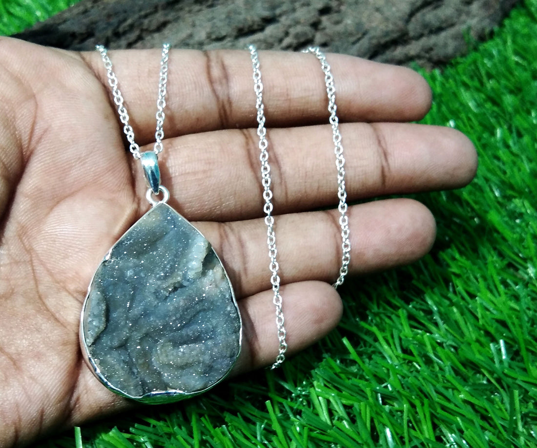 Natural Desert Druzy Gemstone Pendant, 925 Silver Pendant, Desert Druzy Chain Pendant Necklace, Handmade Pendant Girls/Women Wedding Gift