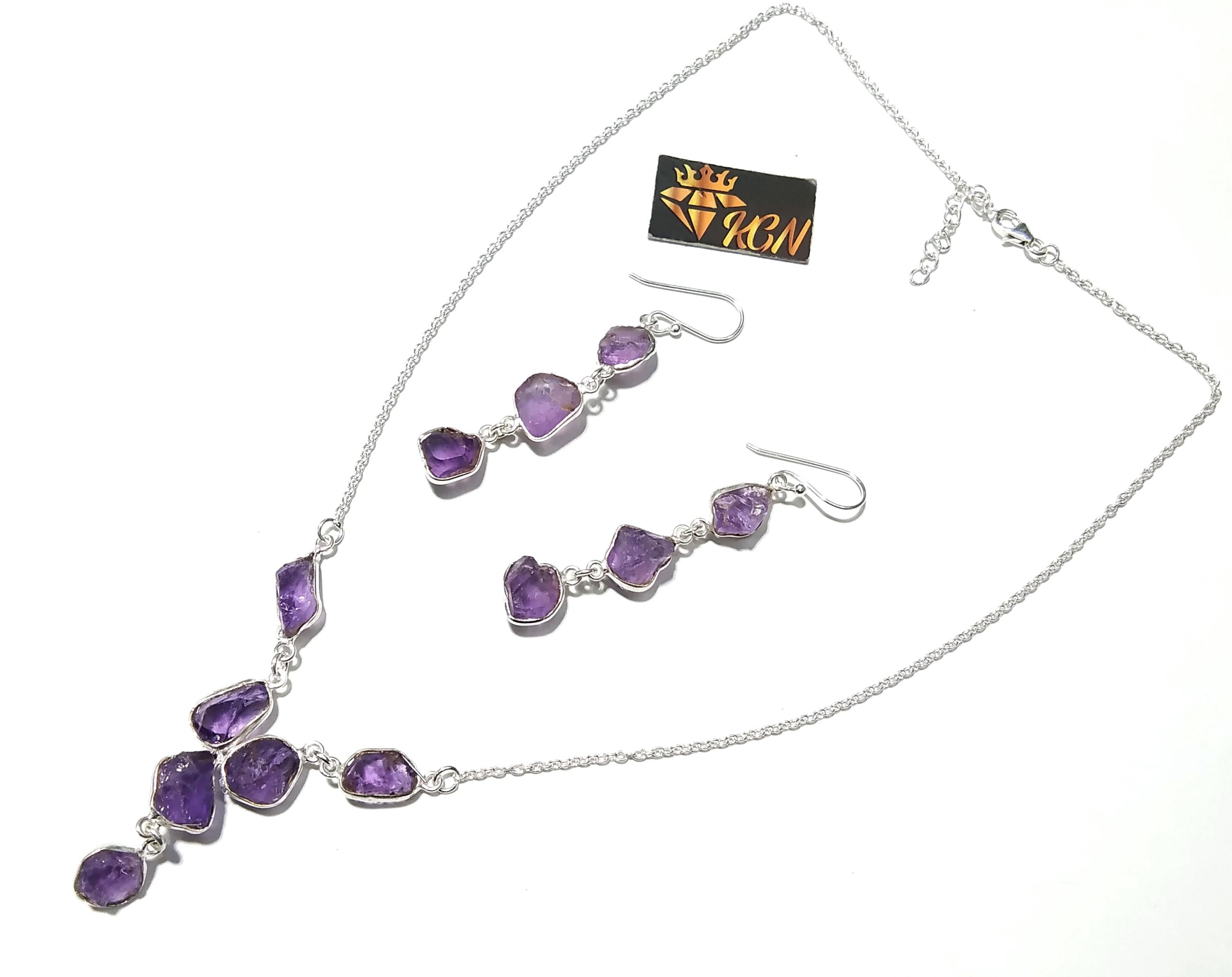 Natural Amethyst Rough Earrings And Necklace Jewellery Set, 925 Solid Sterling Silver Necklace Amazing Quality Amethyst Gift For Girls/Women