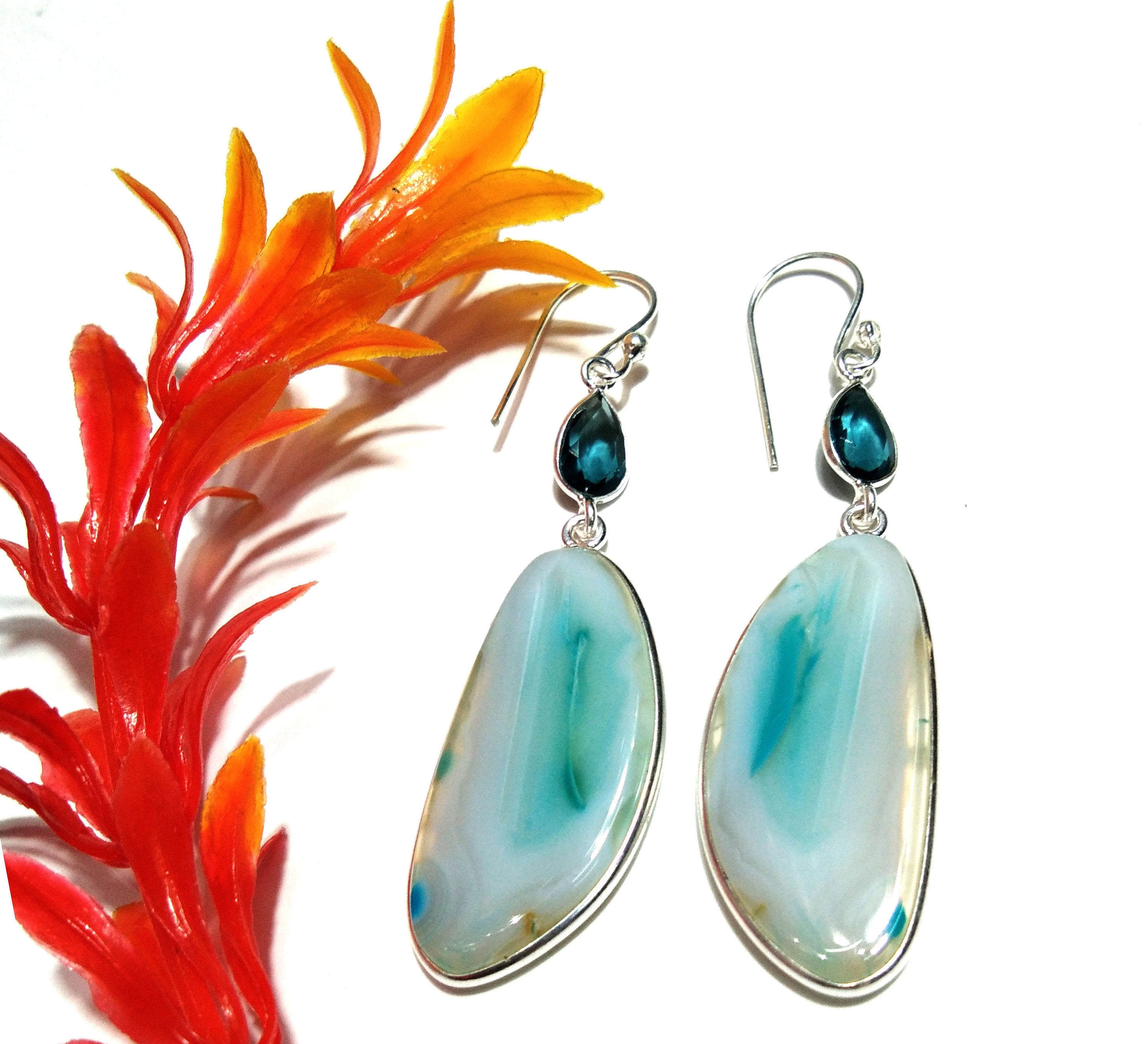 Natural Sky Blue Banded Agate/Topaz Gemstone Earring, 925 Solid Starling Silver Earring, Stone Size 32x15mm For Gift Wedding Earring Jewelry