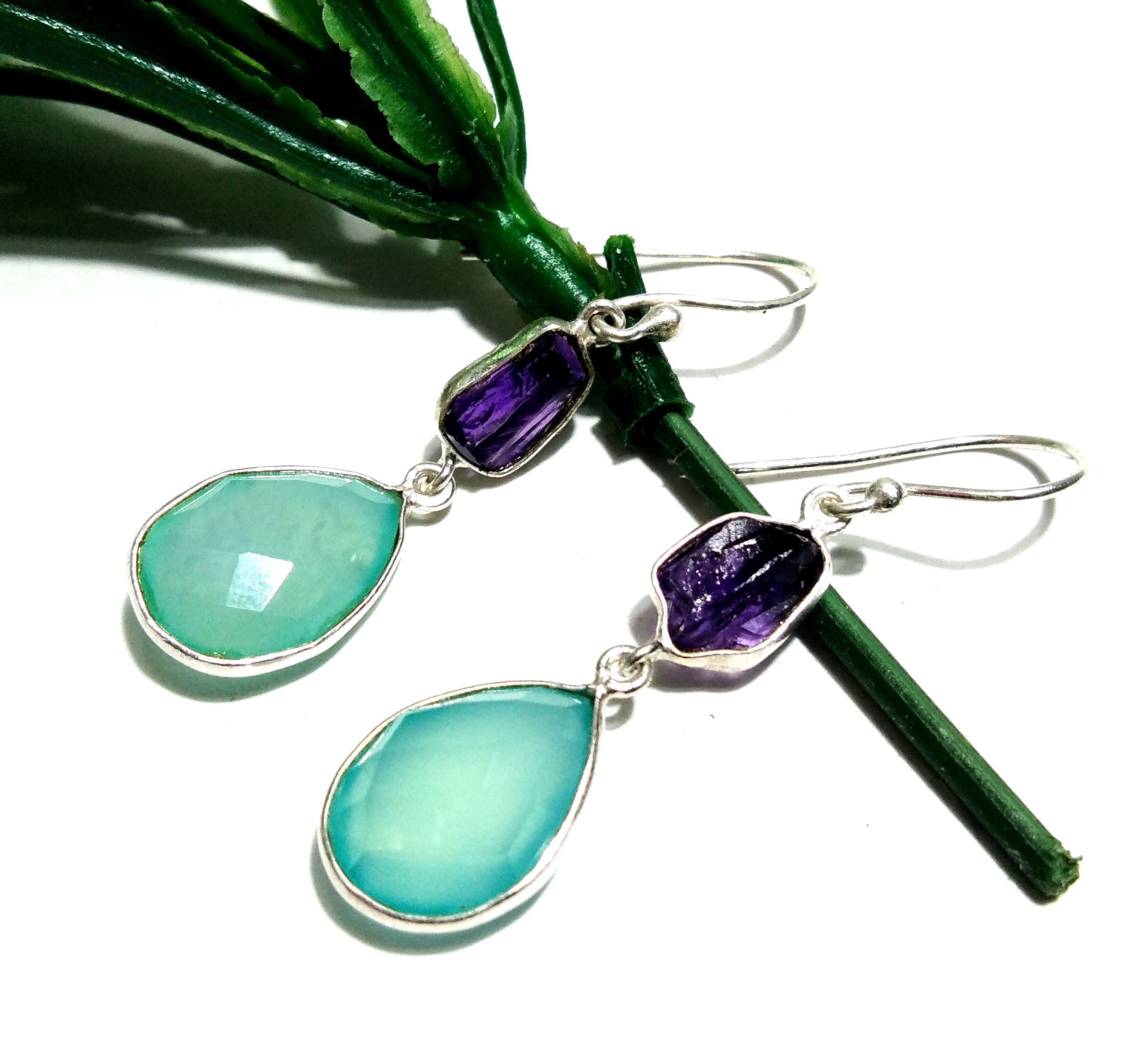 Natural Aqua Chalcedony, Amethyst Raw Stone Earring, 925 Sterling Silver Earrings, Handmade Making Jewelry Earring, Gift For Girls & Women.
