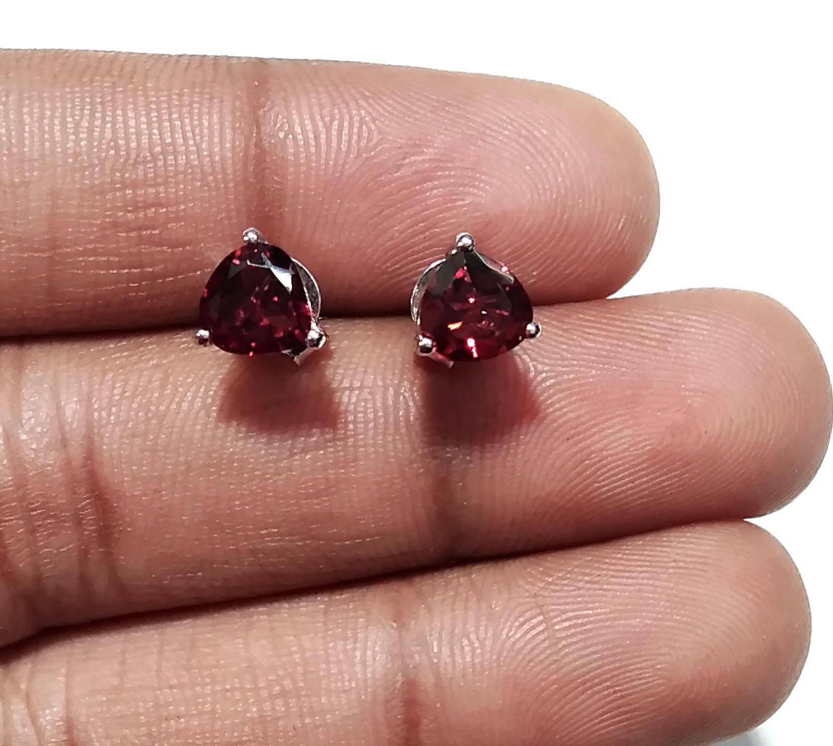 Natural Garnet Stud Earrings, 925 Starling Silver Earring Jewelry, Red Garnet Faceted Heart Shape Stone Size 6x6 mm Christmas Gift For Women