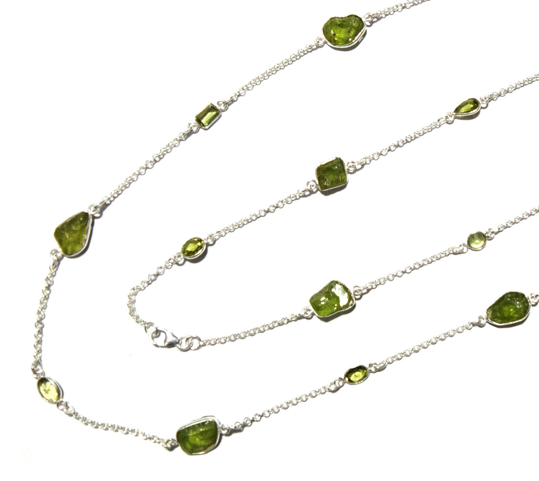 Log Chain Necklace Peridot Rough & Faceted Stone Chain Necklace, 925 Sterling Silver Bezel Setting Long 36" inch Chain Necklace Birthstone