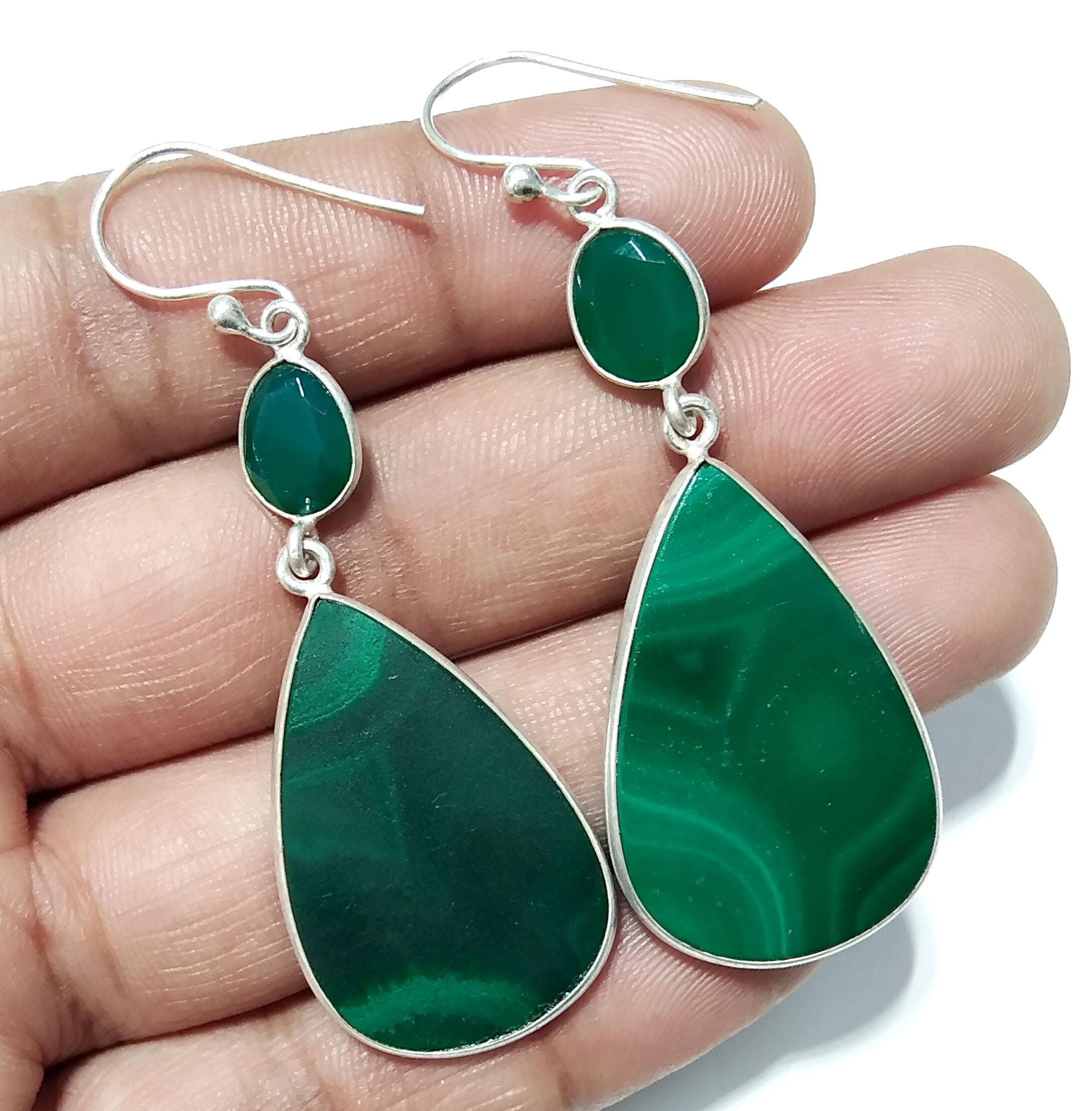 Malachite And Green Onyx Stone Earring, 925 Starling Silver Earring, Natural Malachite Stone Handmade Gift Women Bridesmaid Earring Stone