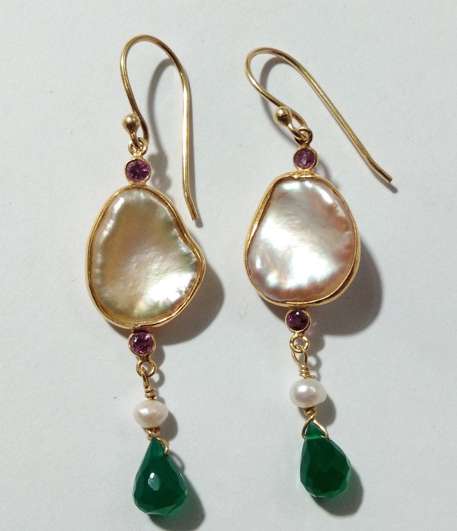 Natural Pearl, Garnet, Green Onyx Stone Earring, 925 Sterling Silver With Gold Plated & Delicate Earring, Handmade Earring Wedding Jewelry