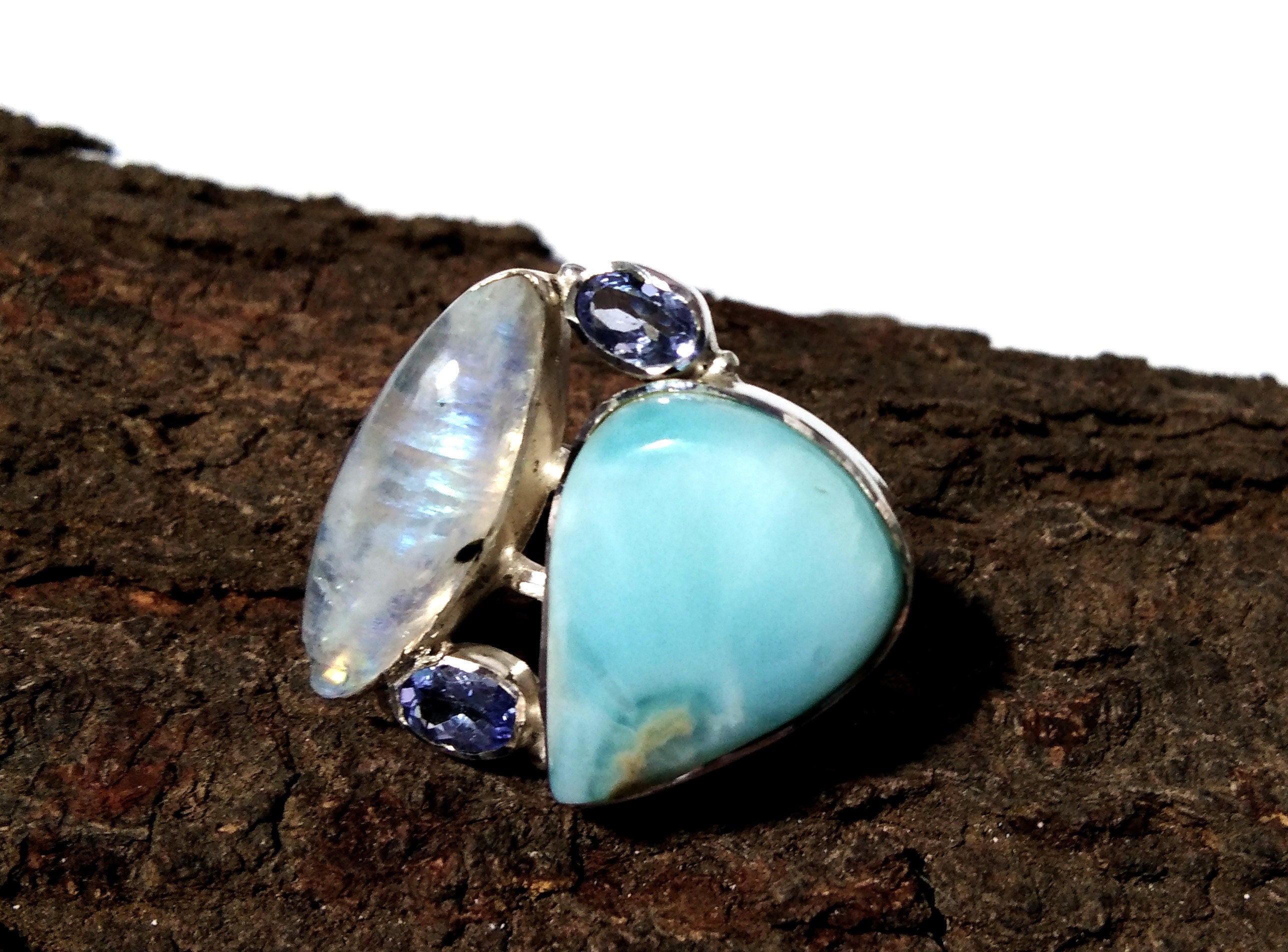 Natural Larimar, Rainbow Moonstone & Tanzanite Ring, 925 Solid Sterling Silver Ring, Gemstone Jewelry Rings, Handmade Making Jewelry Ring